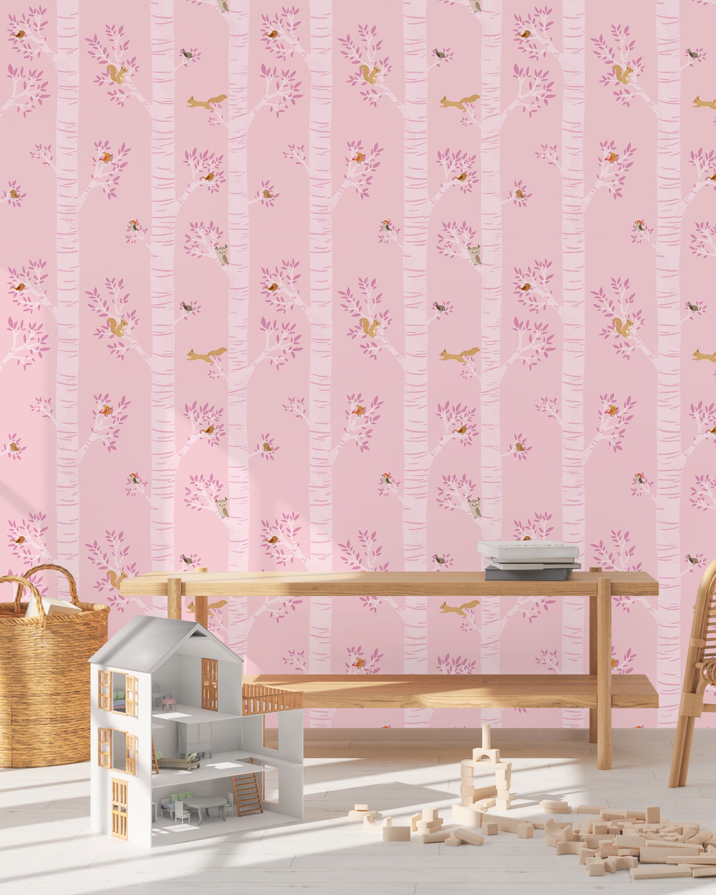 Treetop Tales Peel and Stick Wallpaper, Removable Wallpaper, Traditional Wallpaper - Bubblegum Pink | DeccoPrint