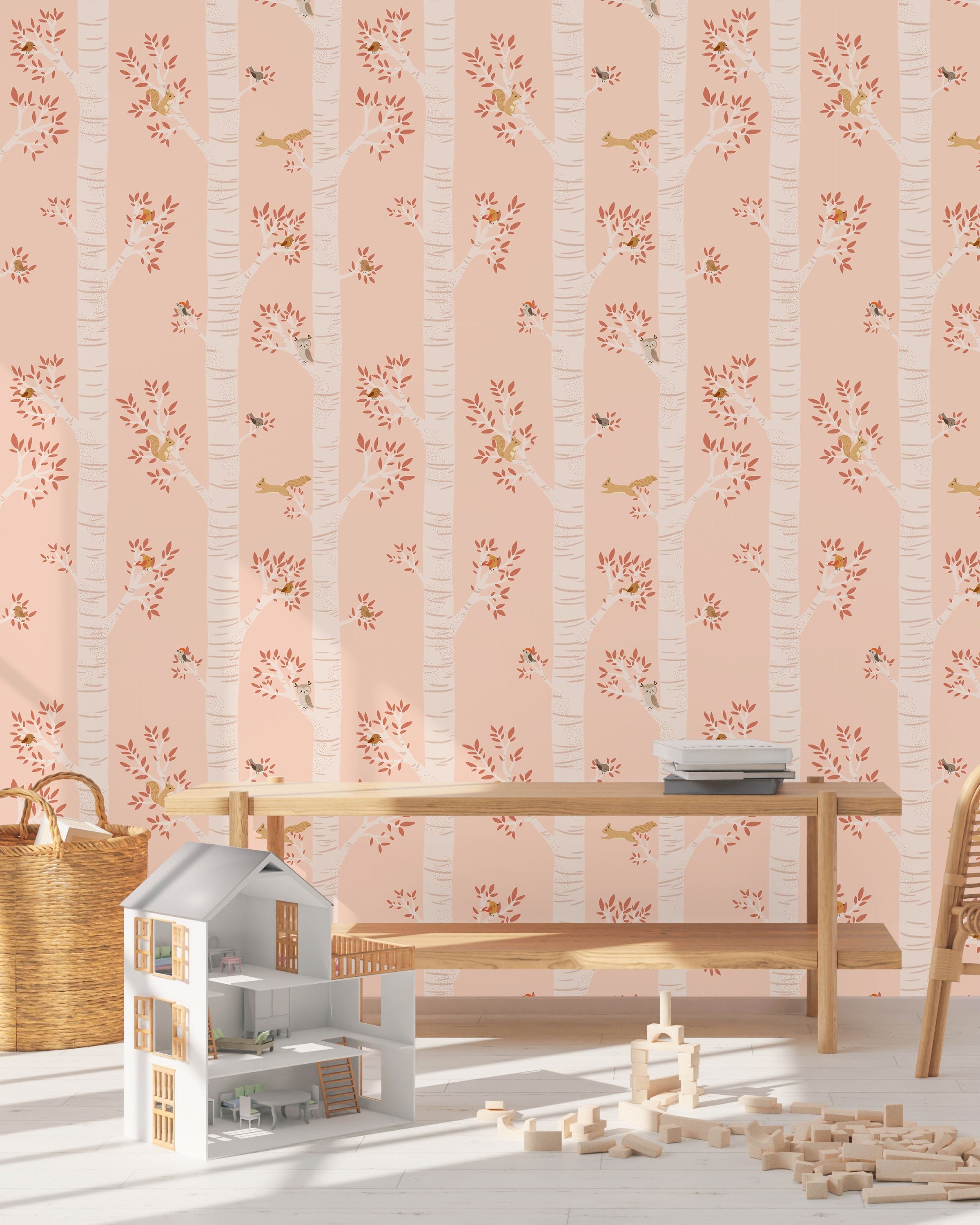 Treetop Tales Peel and Stick Wallpaper, Removable Wallpaper, Traditional Wallpaper - Peachy Blush | DeccoPrint