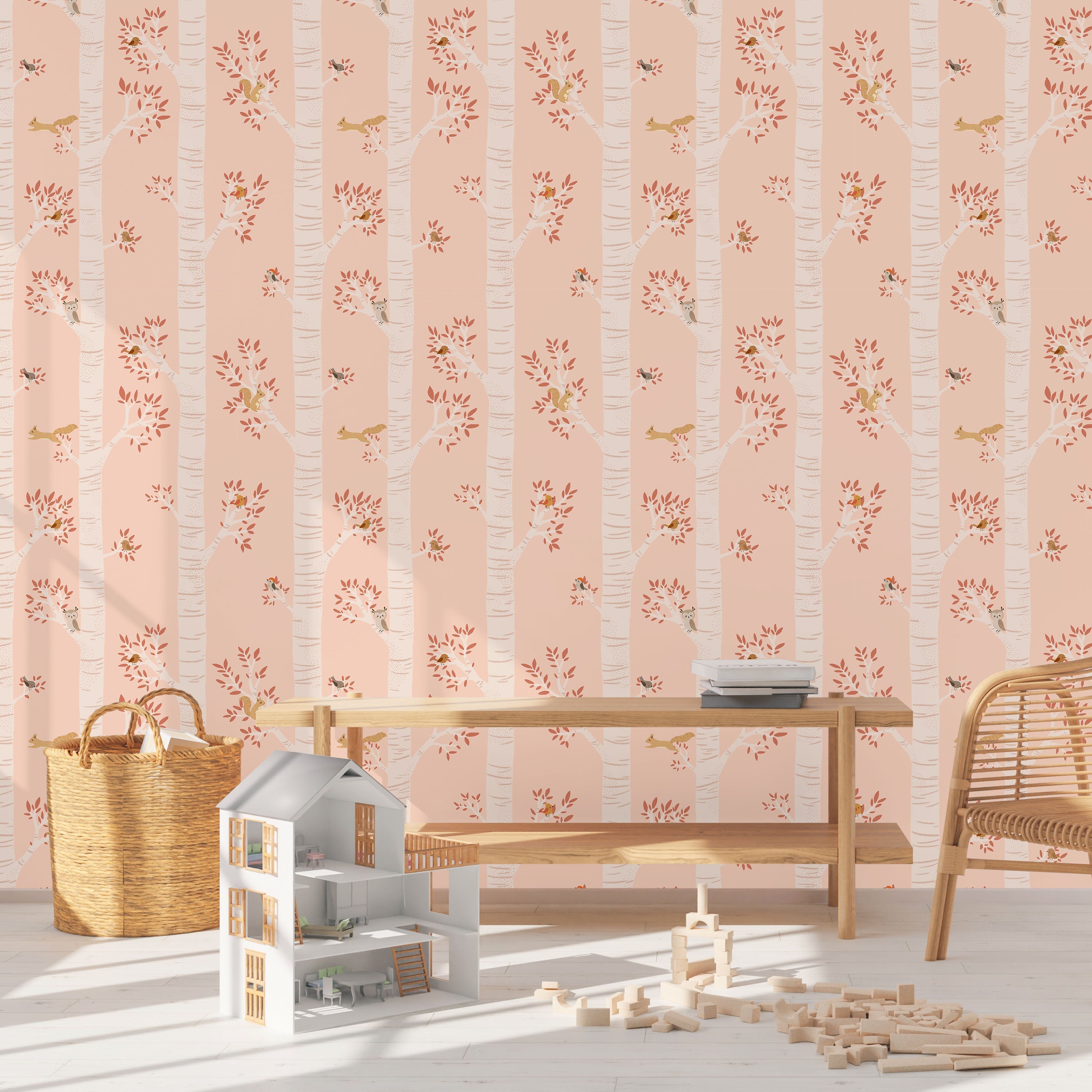 Treetop Tales Peel and Stick Wallpaper, Removable Wallpaper, Traditional Wallpaper - Peachy Blush | DeccoPrint