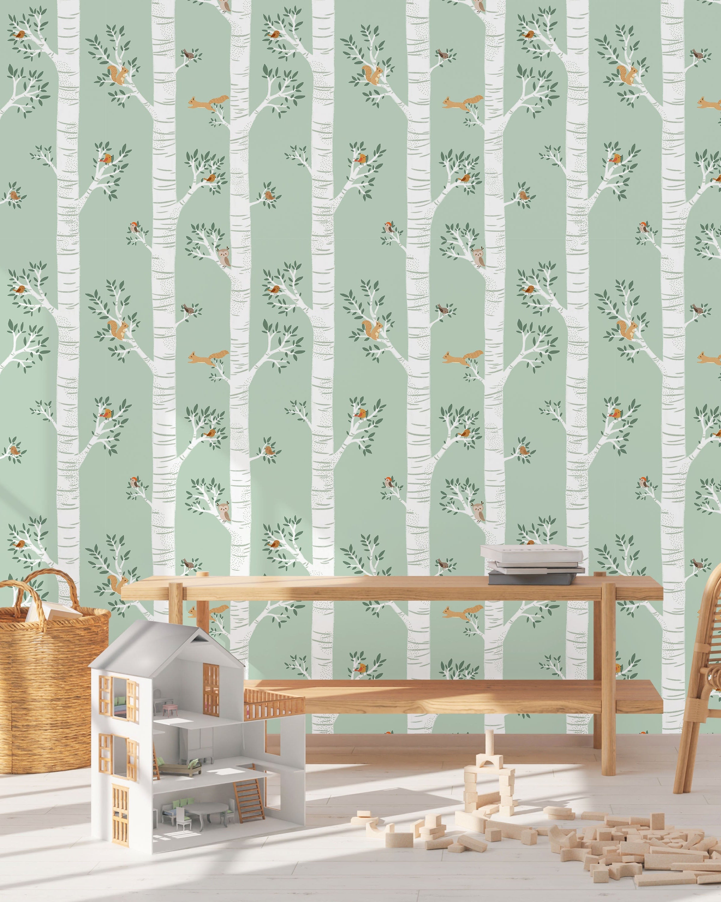 Treetop Tales Peel and Stick Wallpaper, Removable Wallpaper, Traditional Wallpaper - Sage Green | DeccoPrint