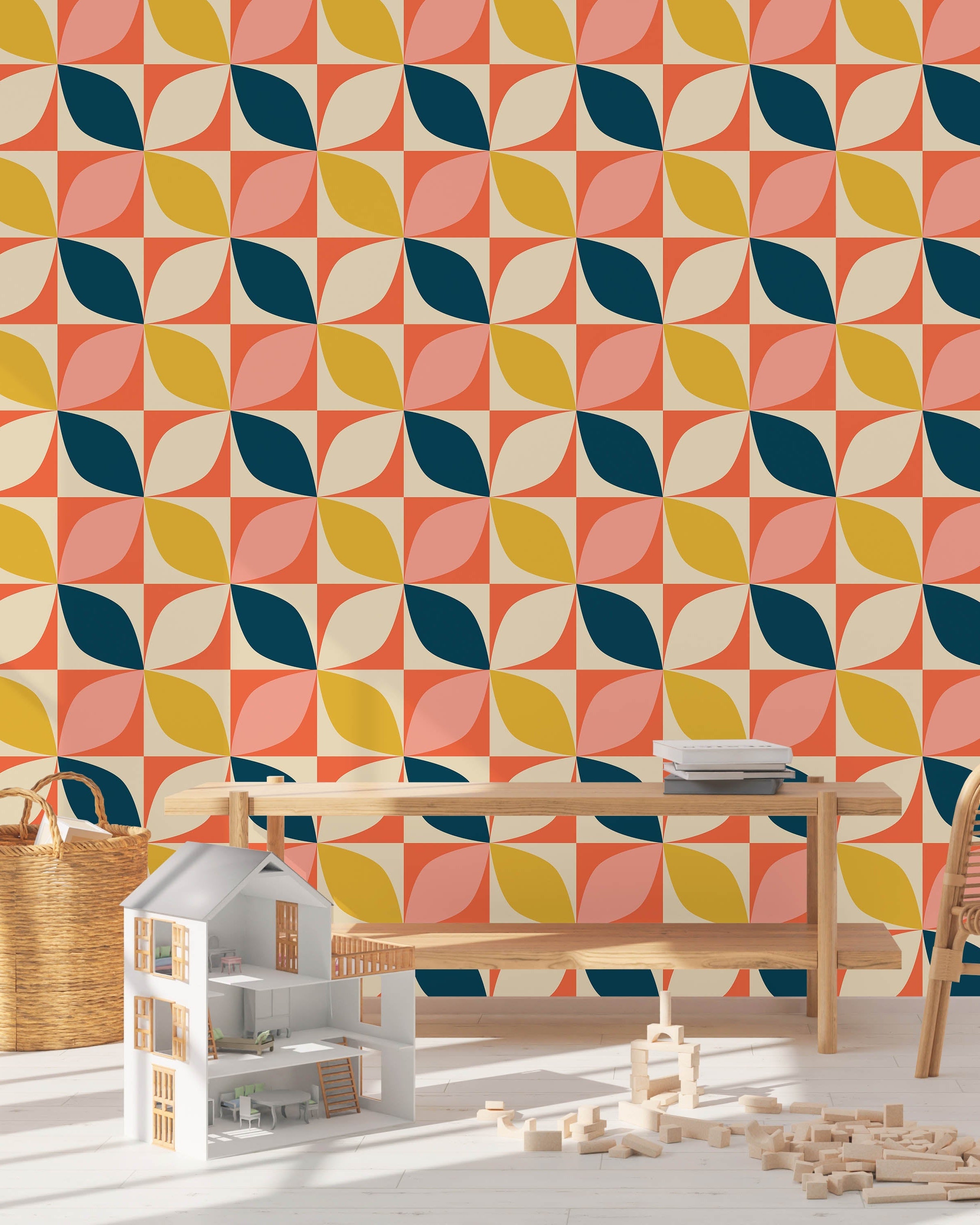 Geometric Bauhaus Peel and Stick Wallpaper, Removable Wallpaper, Traditional Wallpaper - Orange | DeccoPrint