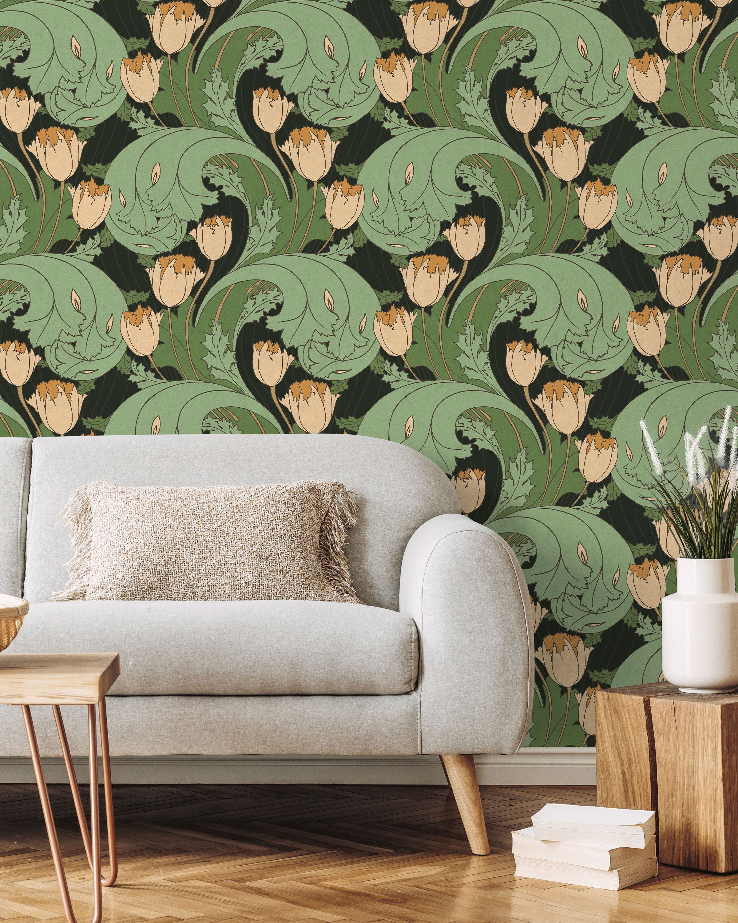 C.F.A. Voysey x Tulips Peel and Stick Wallpaper, Removable Wallpaper, Traditional Wallpaper - Forest Green | DeccoPrint