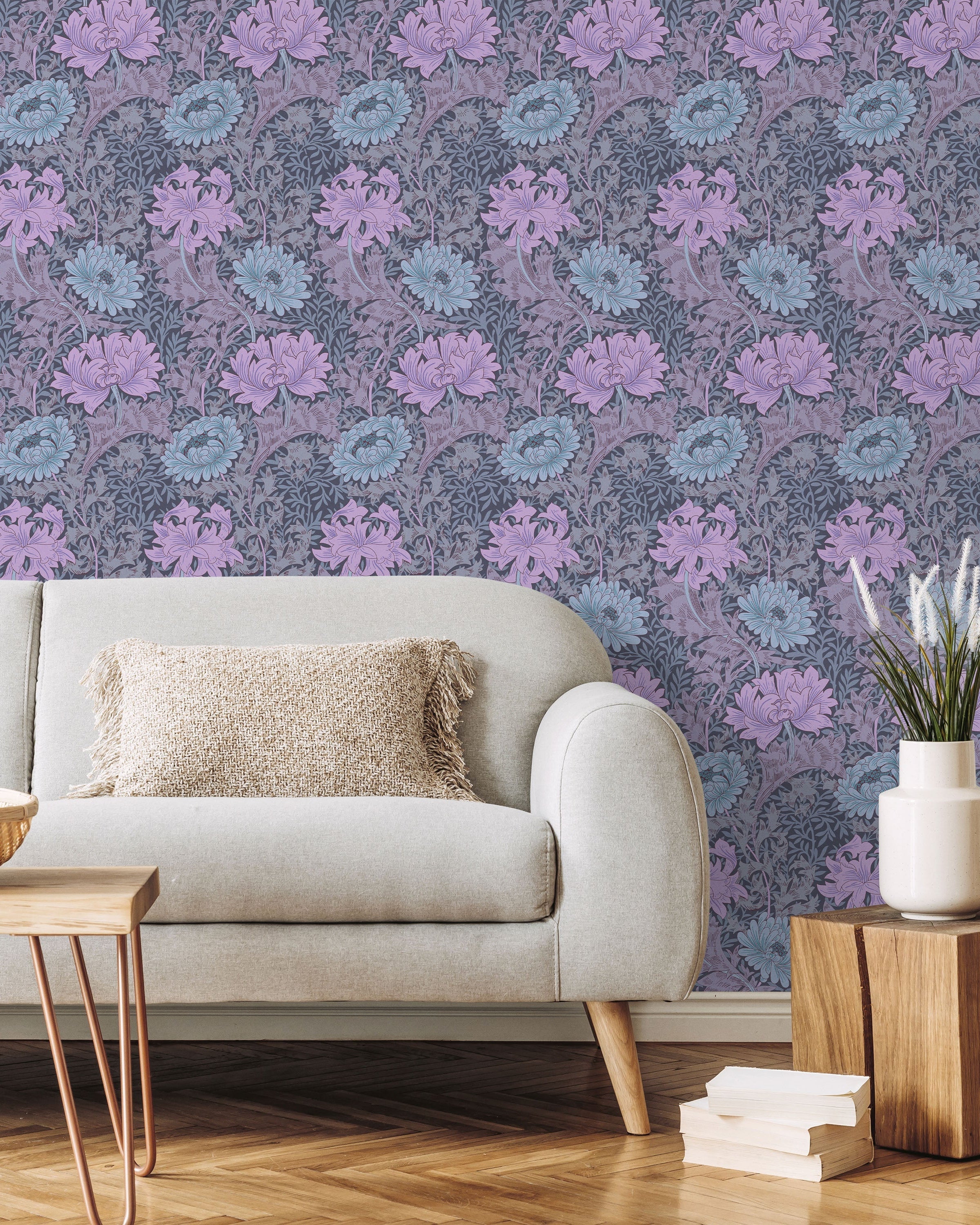 William Morris X Chrysanthemum Peel and Stick Wallpaper, Removable Wallpaper, Traditional Wallpaper - Lilac | DeccoPrint