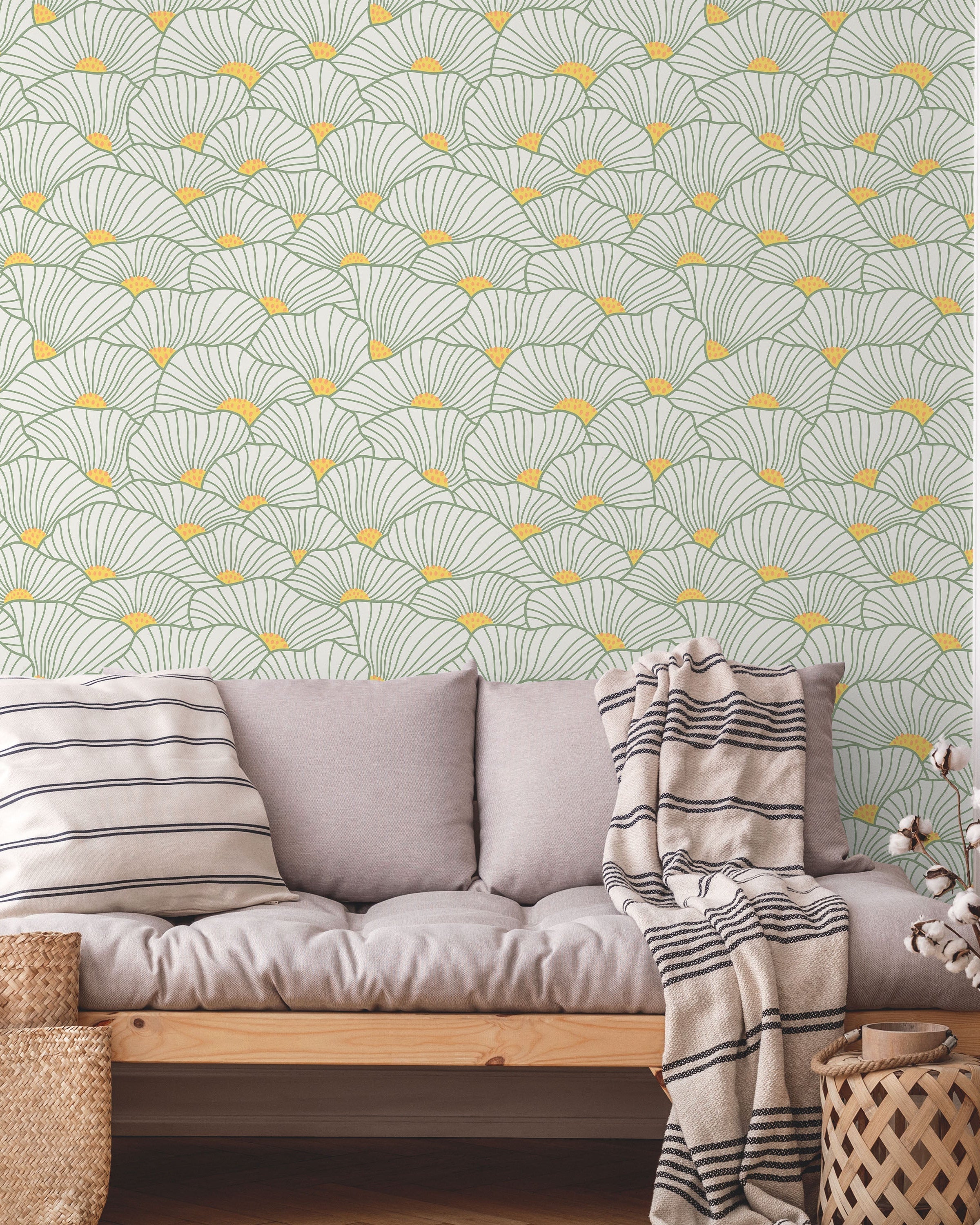 Modern Floral Peel and Stick Wallpaper, Removable Wallpaper, Traditional Wallpaper - Lime | DeccoPrint
