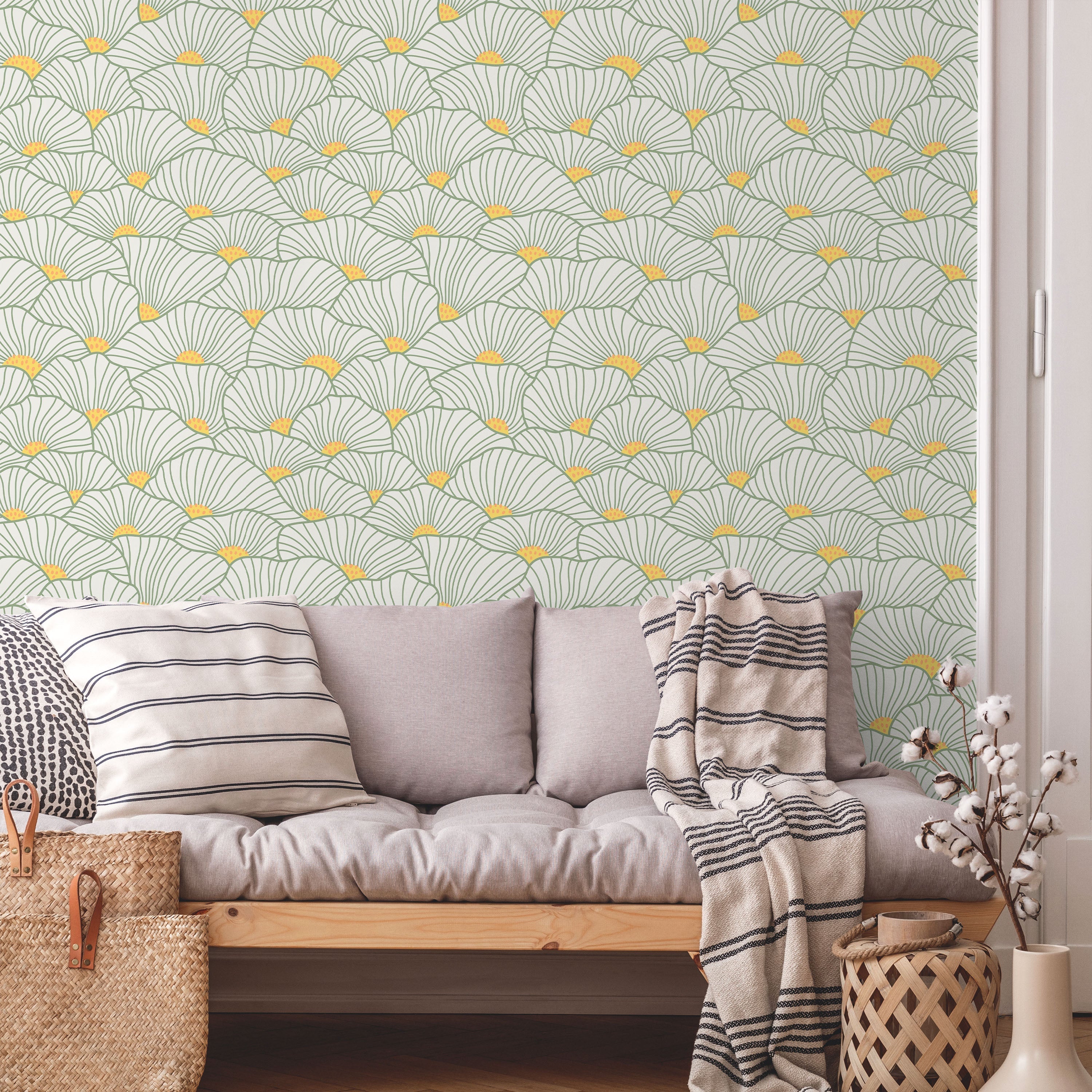 Modern Floral Peel and Stick Wallpaper, Removable Wallpaper, Traditional Wallpaper - Lime | DeccoPrint