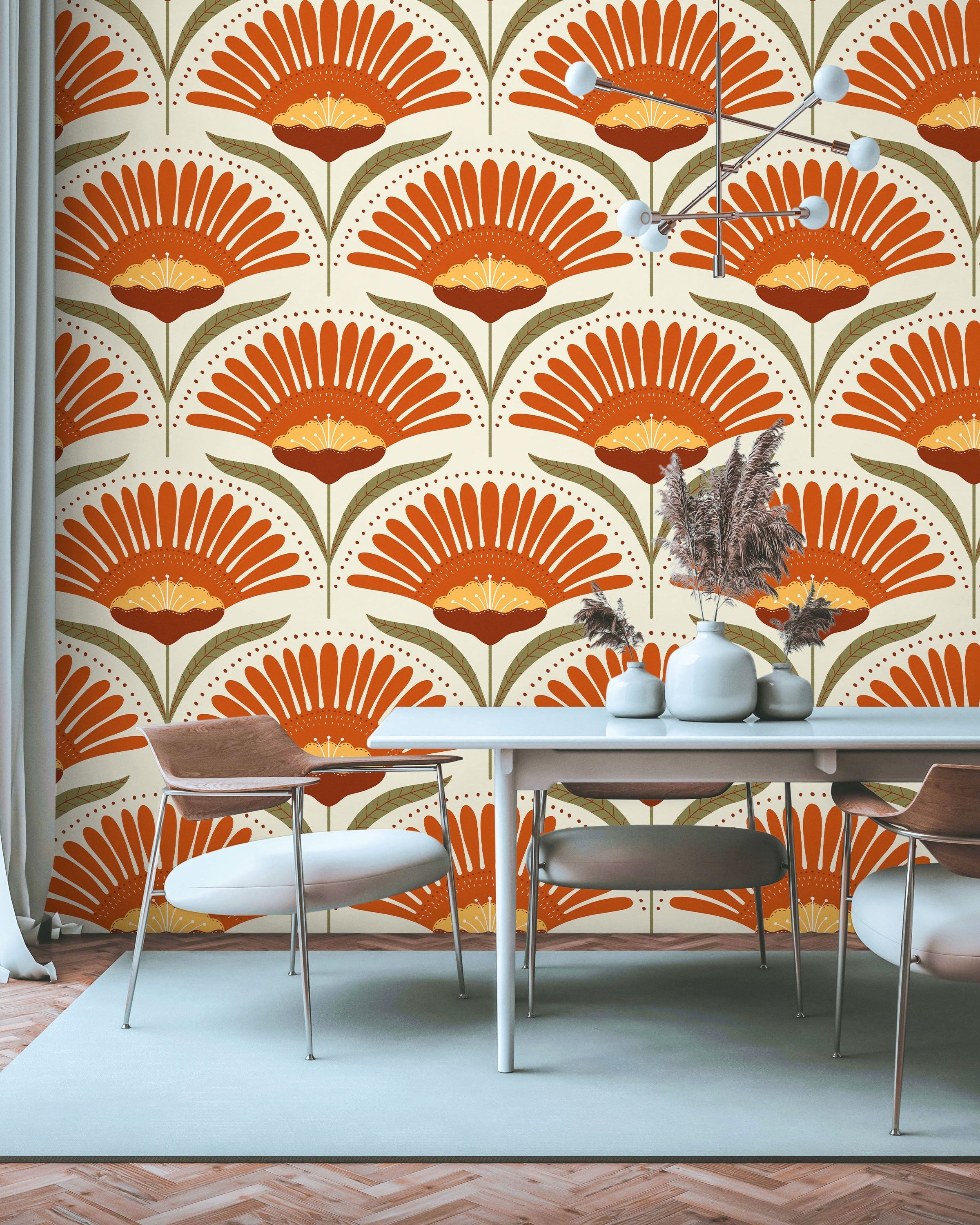 Bohemian Blossom Peel and Stick Wallpaper, Removable Wallpaper, Traditional Wallpaper - Orange | DeccoPrint