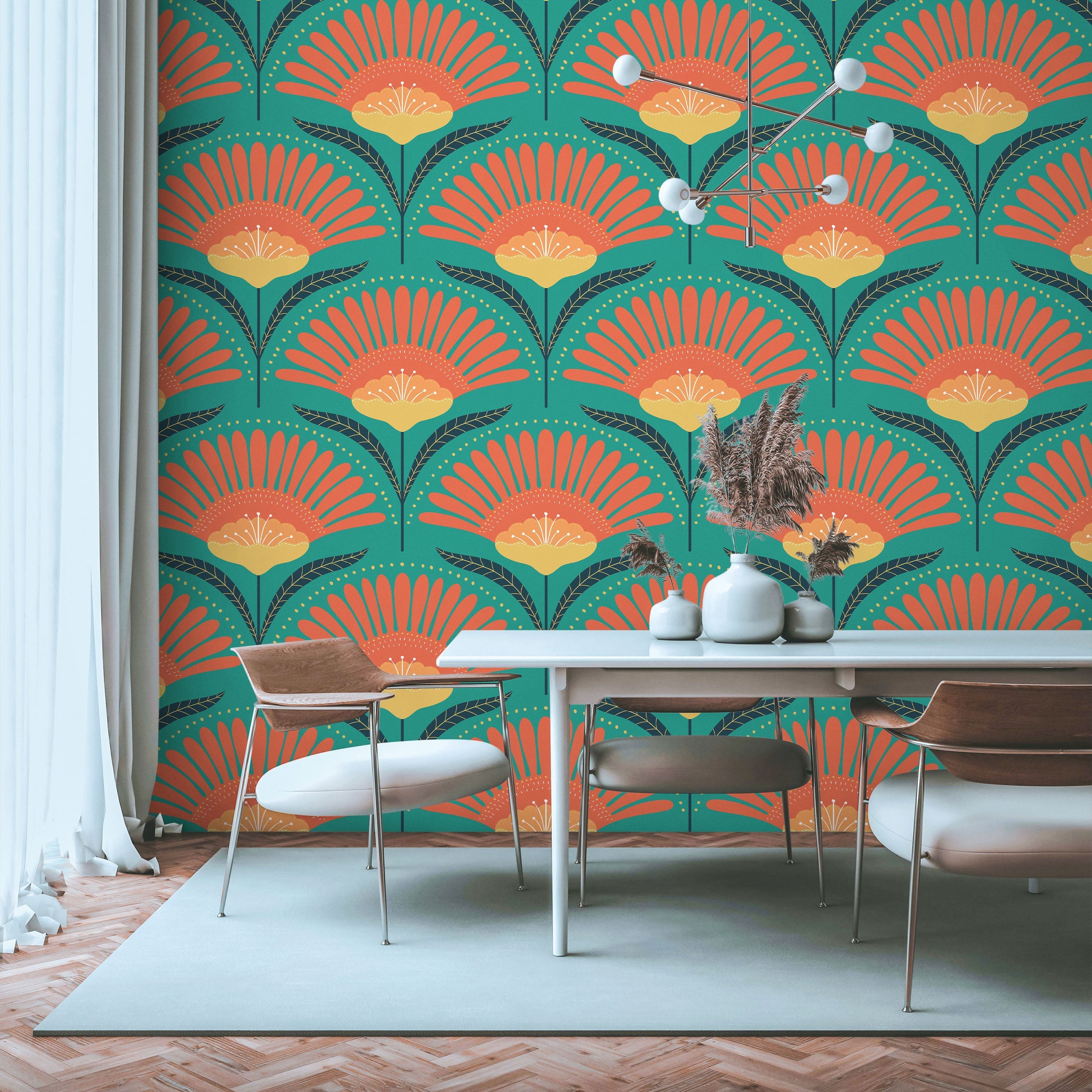 Bohemian Blossom Peel and Stick Wallpaper, Removable Wallpaper, Traditional Wallpaper - Teal | DeccoPrint