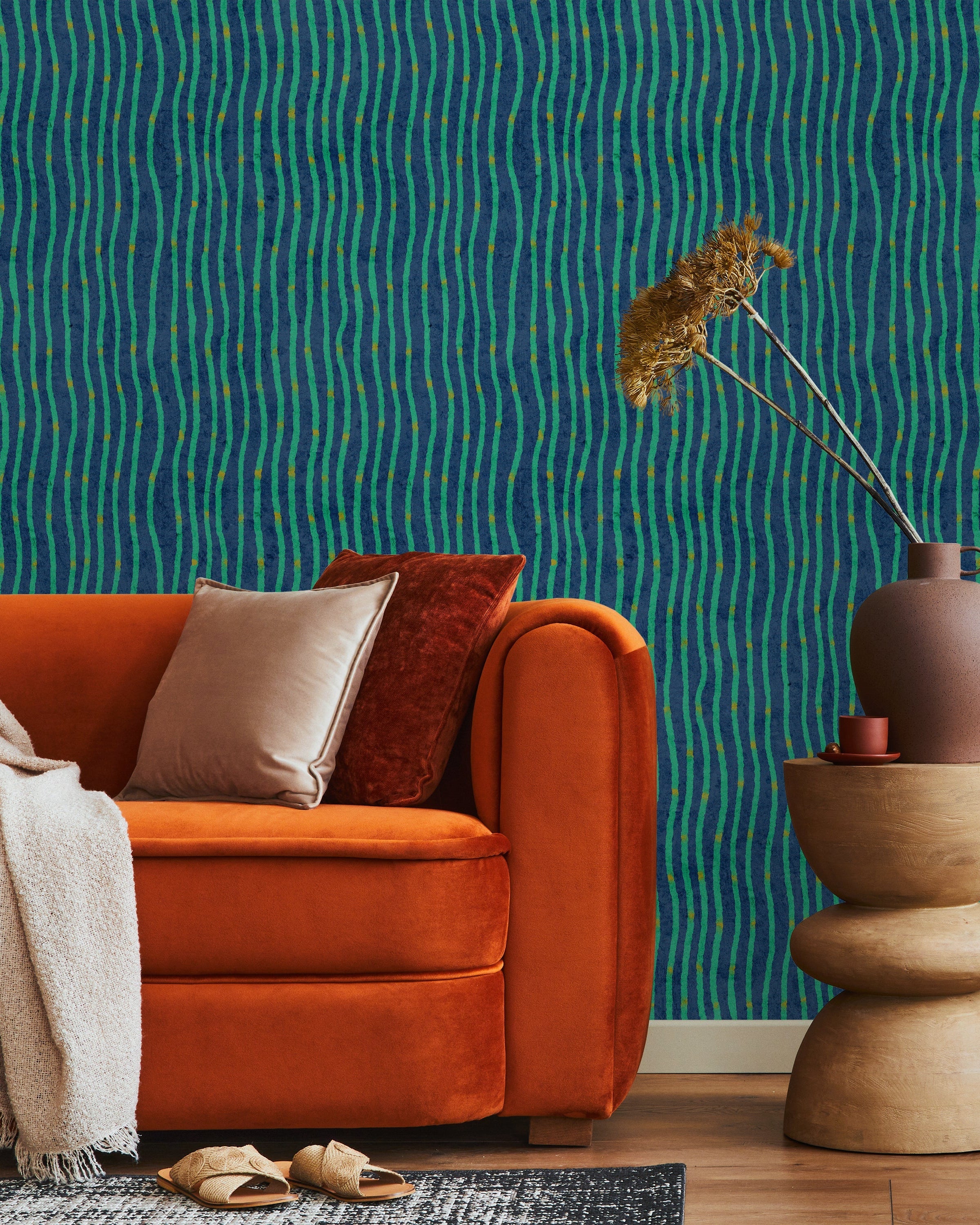 Furuya Korin x Edo Stream Peel and Stick Wallpaper, Removable Wallpaper, Traditional Wallpaper - Deep Cyan | DeccoPrint