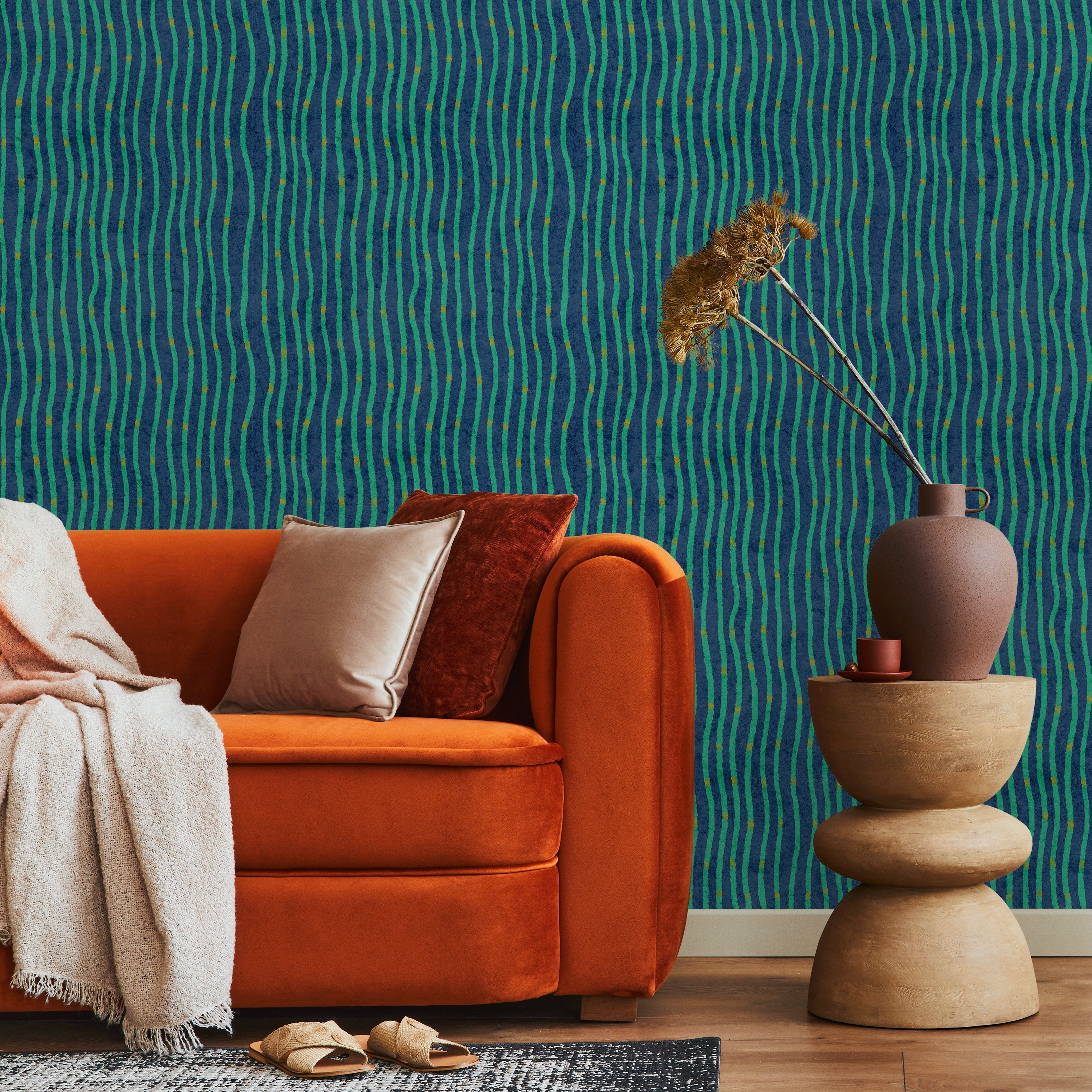 Furuya Korin x Edo Stream Peel and Stick Wallpaper, Removable Wallpaper, Traditional Wallpaper - Deep Cyan | DeccoPrint