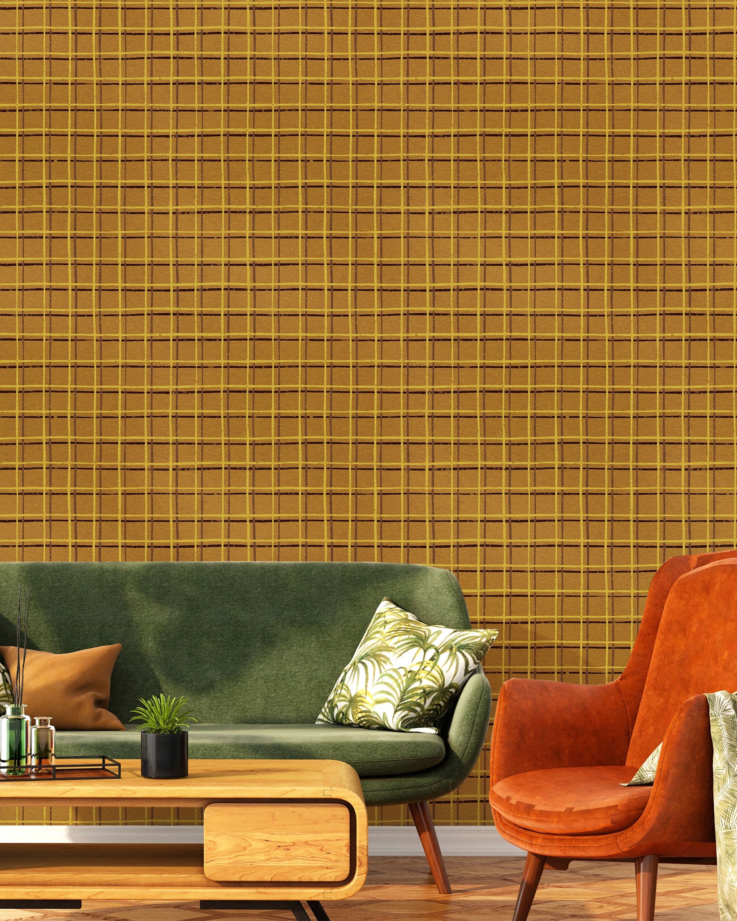 Furuya Korin x Korin Zen Grid Peel and Stick Wallpaper, Removable Wallpaper, Traditional Wallpaper - Warm Orange | DeccoPrint