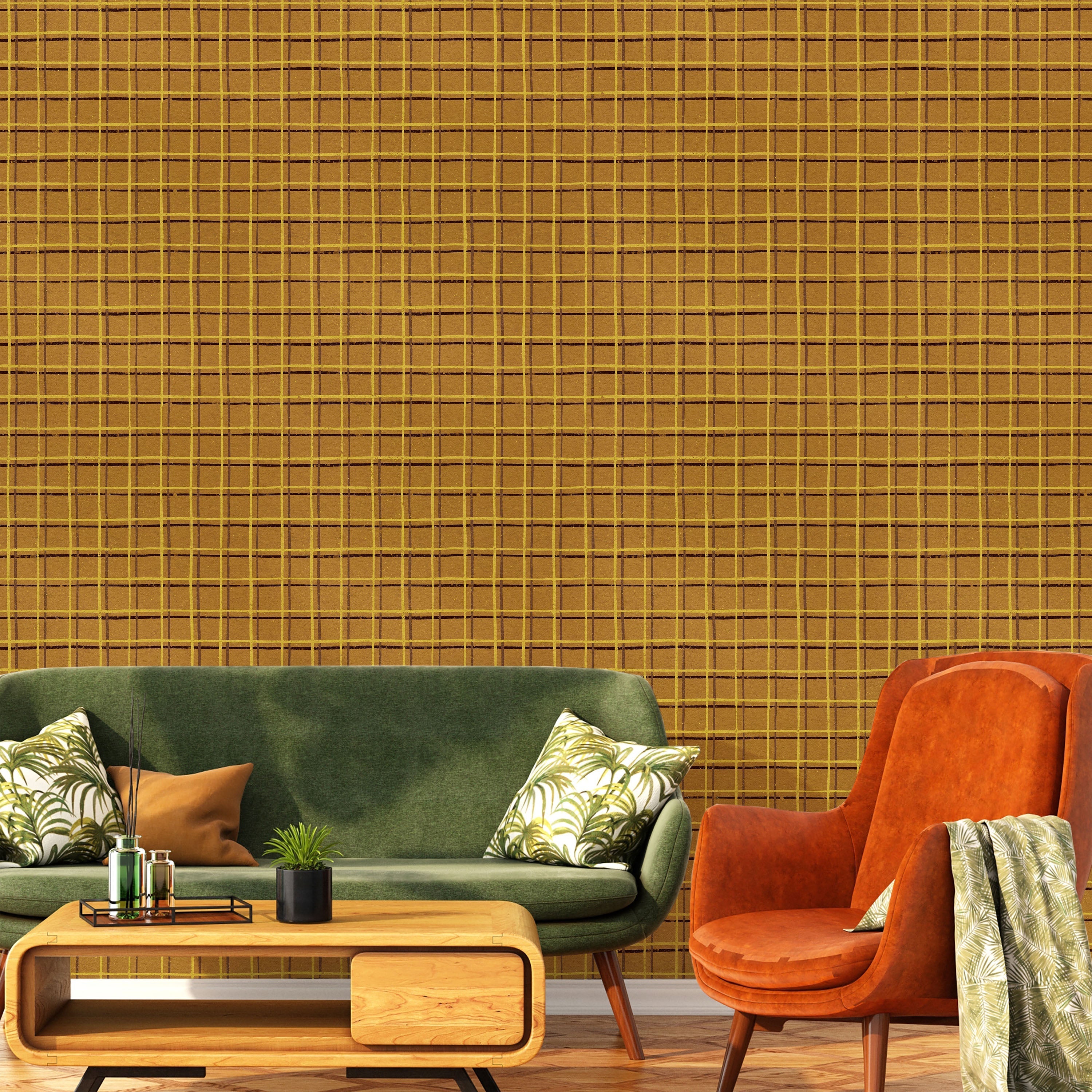 Furuya Korin x Korin Zen Grid Peel and Stick Wallpaper, Removable Wallpaper, Traditional Wallpaper - Warm Orange | DeccoPrint