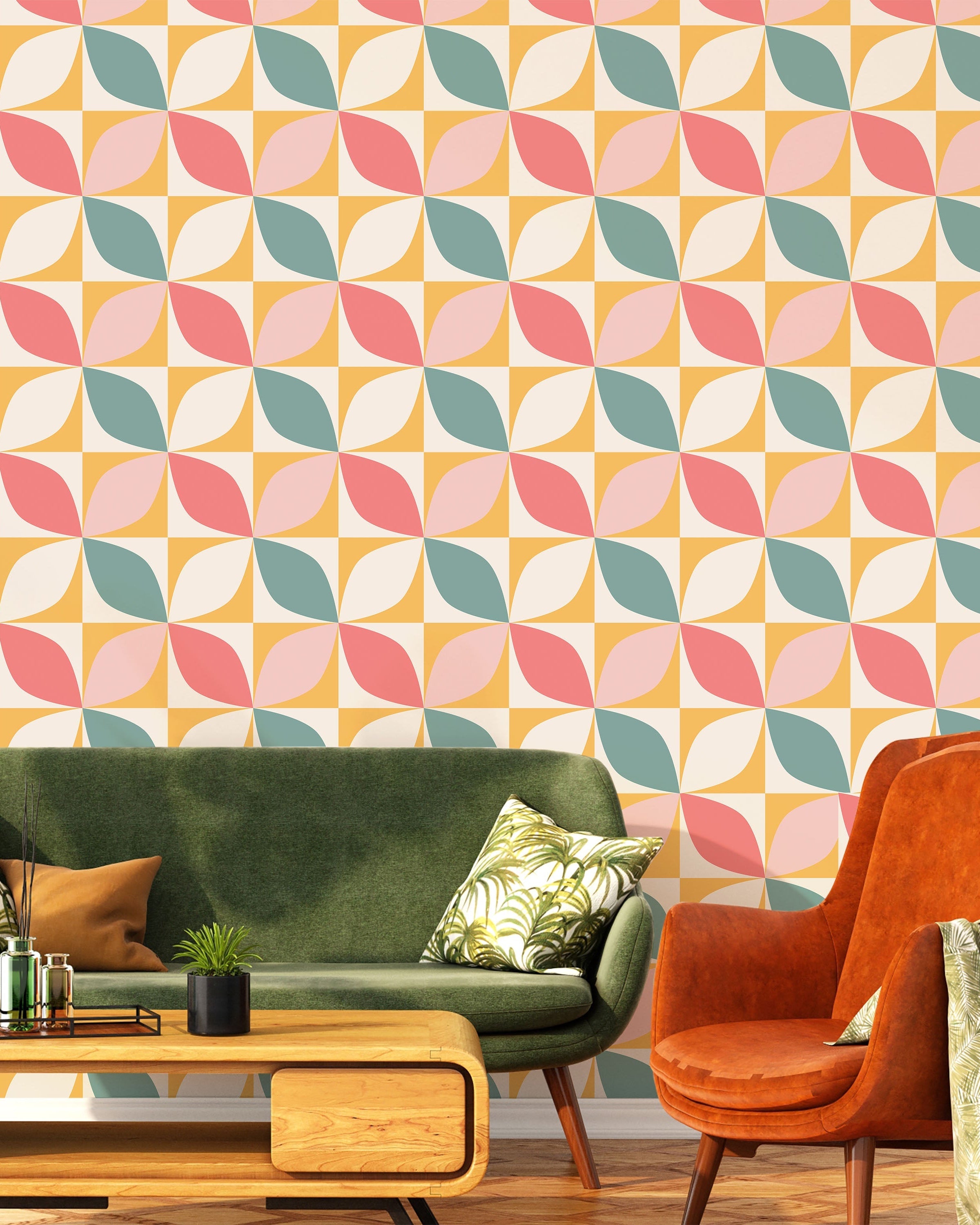 Geometric Bauhaus Peel and Stick Wallpaper, Removable Wallpaper, Traditional Wallpaper - Pink | DeccoPrint