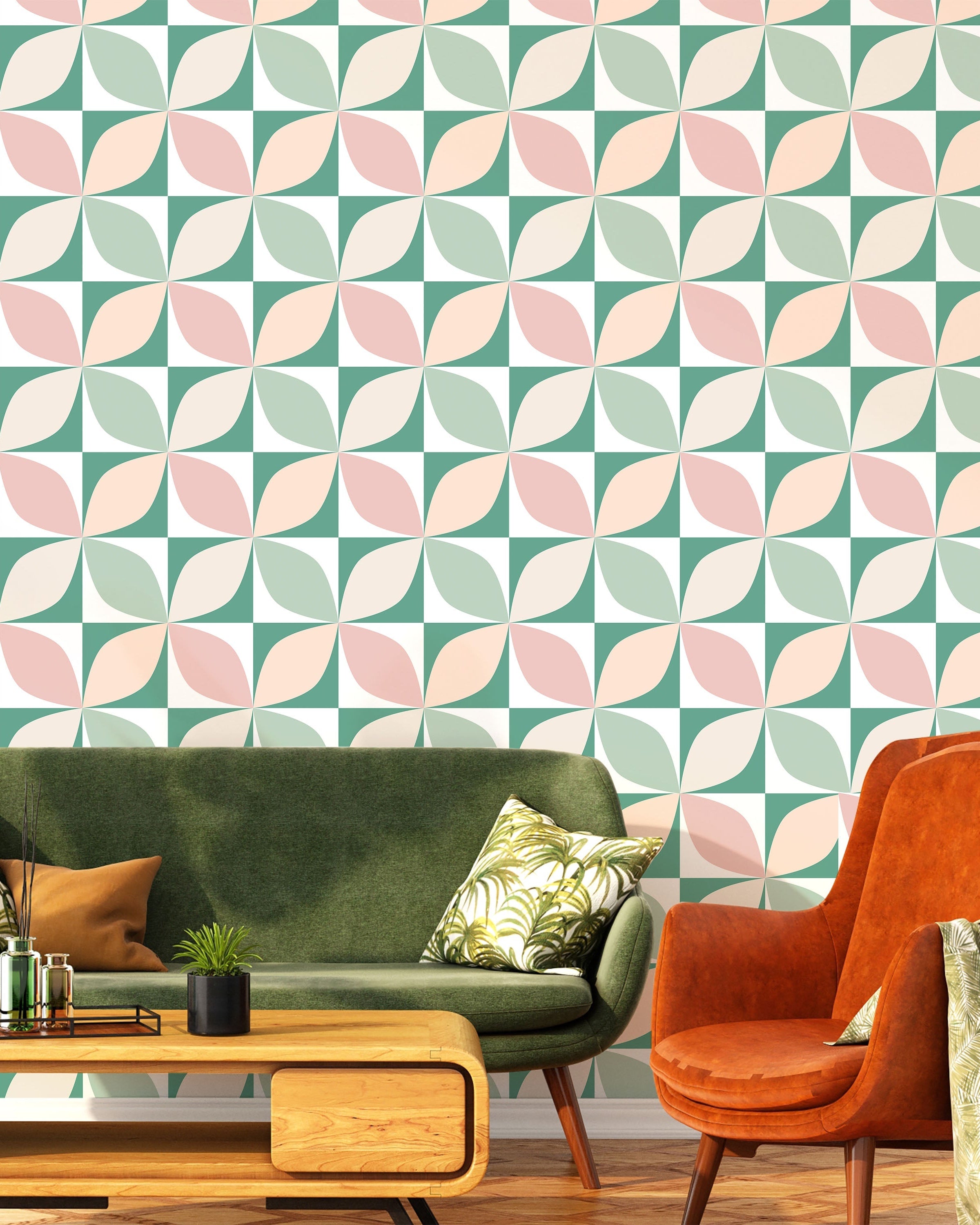Geometric Bauhaus Peel and Stick Wallpaper, Removable Wallpaper, Traditional Wallpaper - Green | DeccoPrint
