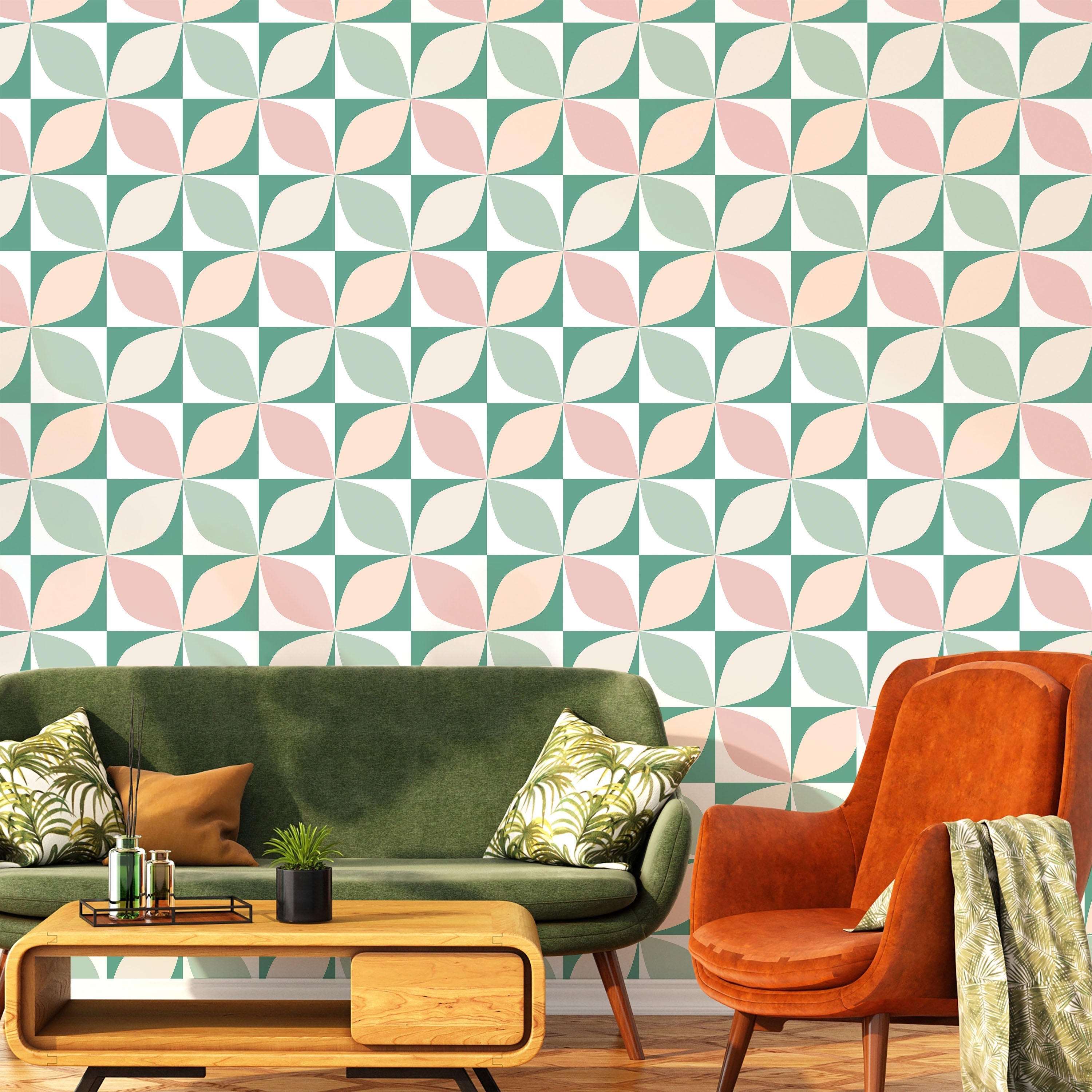 Geometric Bauhaus Peel and Stick Wallpaper, Removable Wallpaper, Traditional Wallpaper - Green | DeccoPrint
