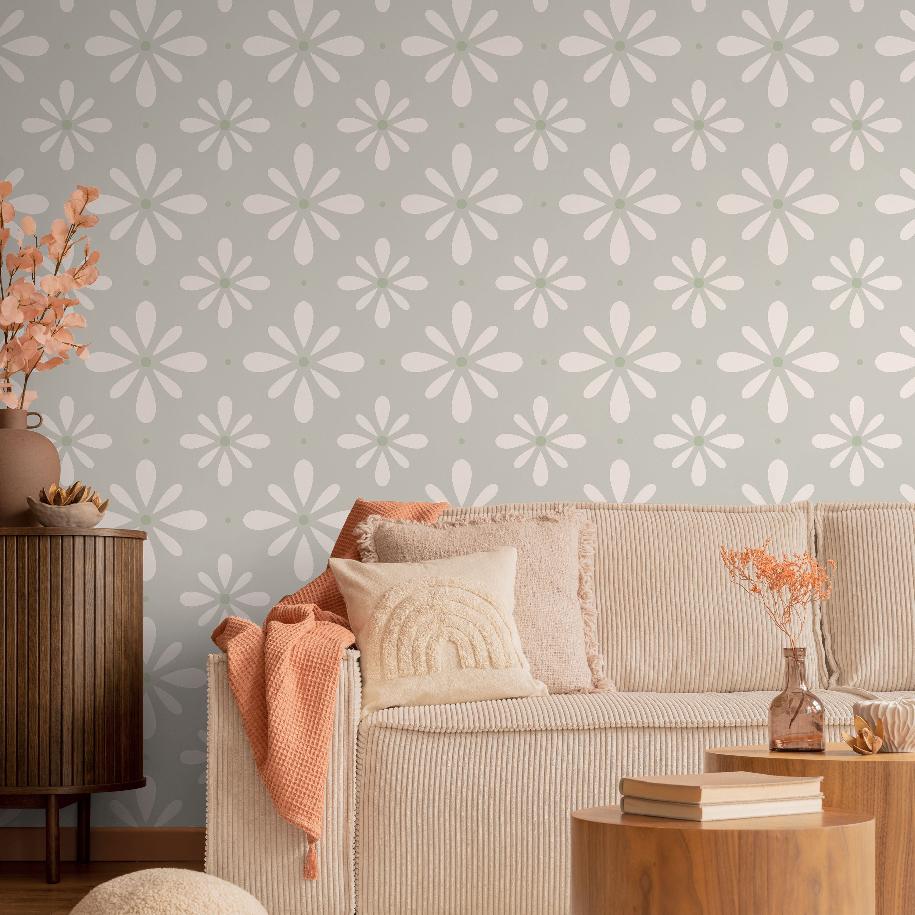 Pastel Blooms Peel and Stick Wallpaper, Removable Wallpaper, Traditional Wallpaper - Pale Sage | DeccoPrint