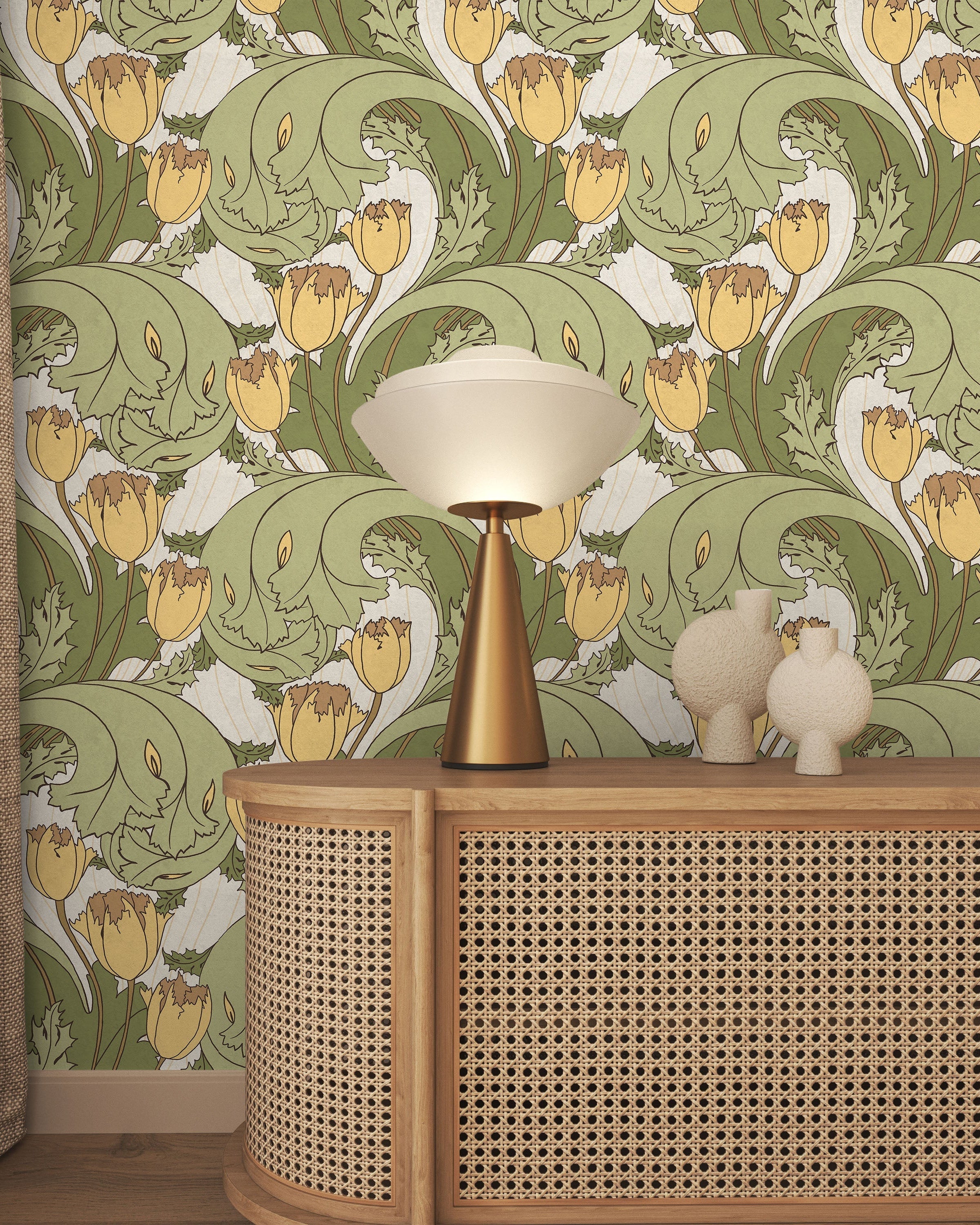 C.F.A. Voysey x Tulips Peel and Stick Wallpaper, Removable Wallpaper, Traditional Wallpaper - Vintage Yellow | DeccoPrint