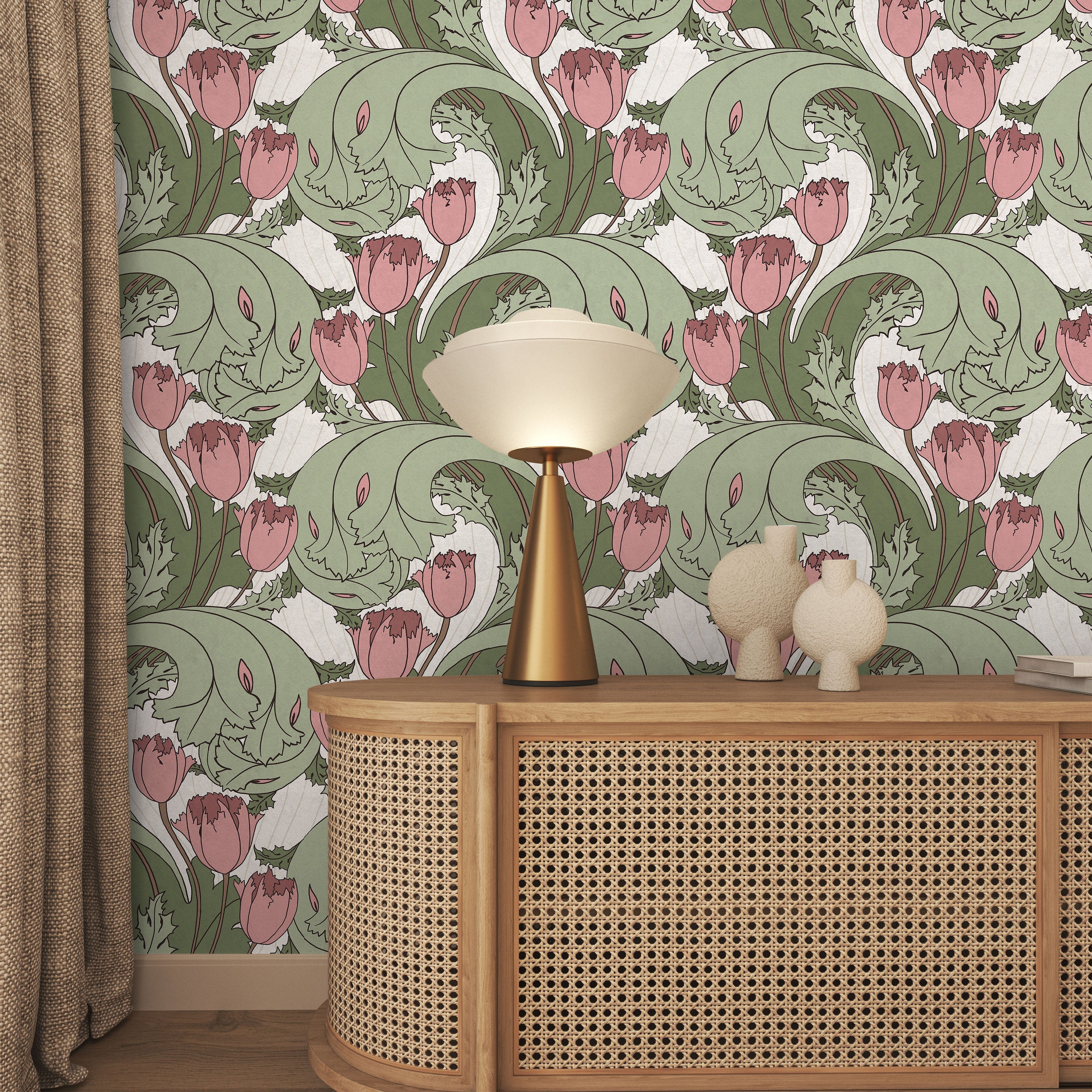 C.F.A. Voysey x Tulips Peel and Stick Wallpaper, Removable Wallpaper, Traditional Wallpaper - Cranberry Pink | DeccoPrint