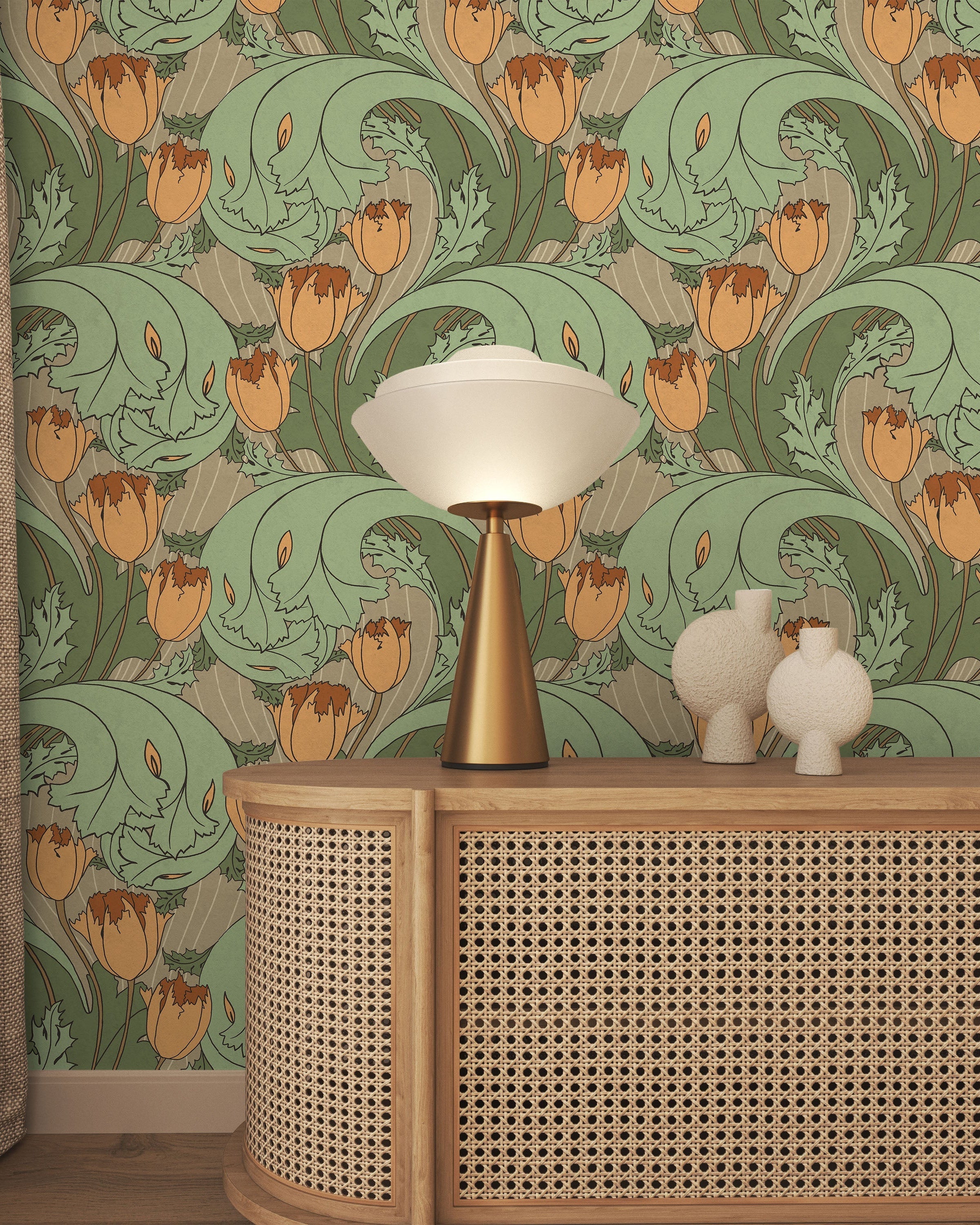 C.F.A. Voysey x Tulips Peel and Stick Wallpaper, Removable Wallpaper, Traditional Wallpaper - Dusty Orange | DeccoPrint