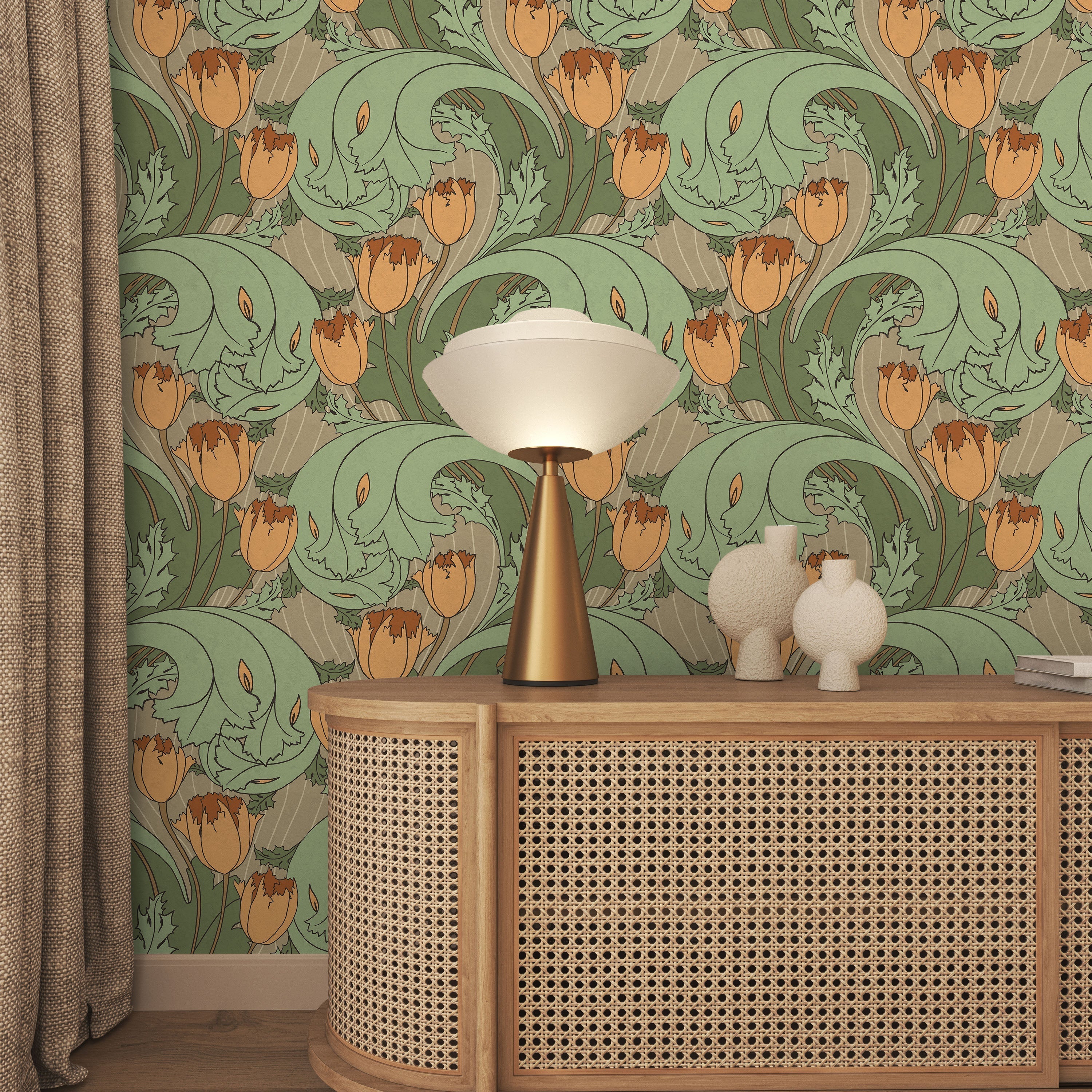 C.F.A. Voysey x Tulips Peel and Stick Wallpaper, Removable Wallpaper, Traditional Wallpaper - Dusty Orange | DeccoPrint