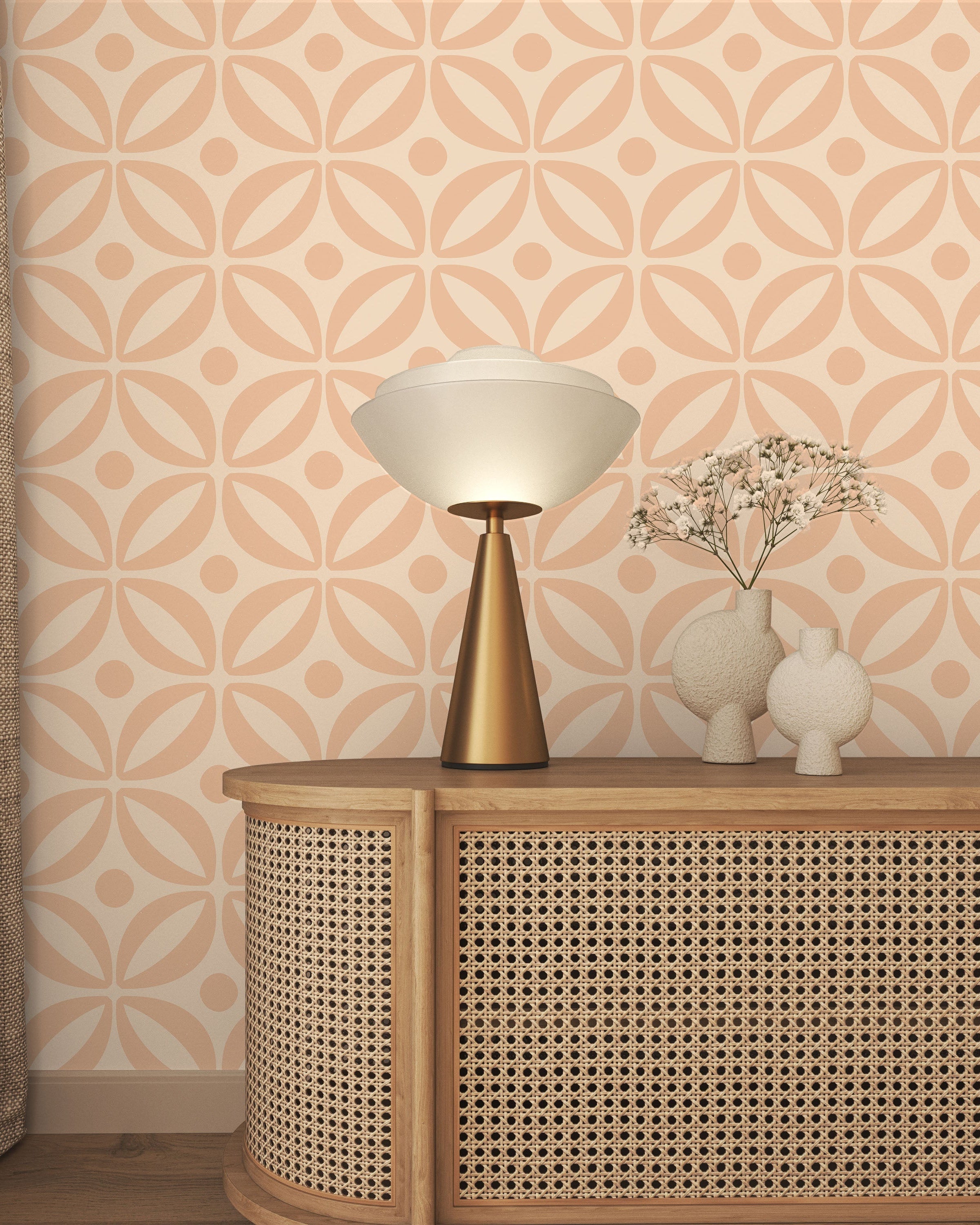 Grid Bloom Peel and Stick Wallpaper, Removable Wallpaper, Traditional Wallpaper - Apricot | DeccoPrint