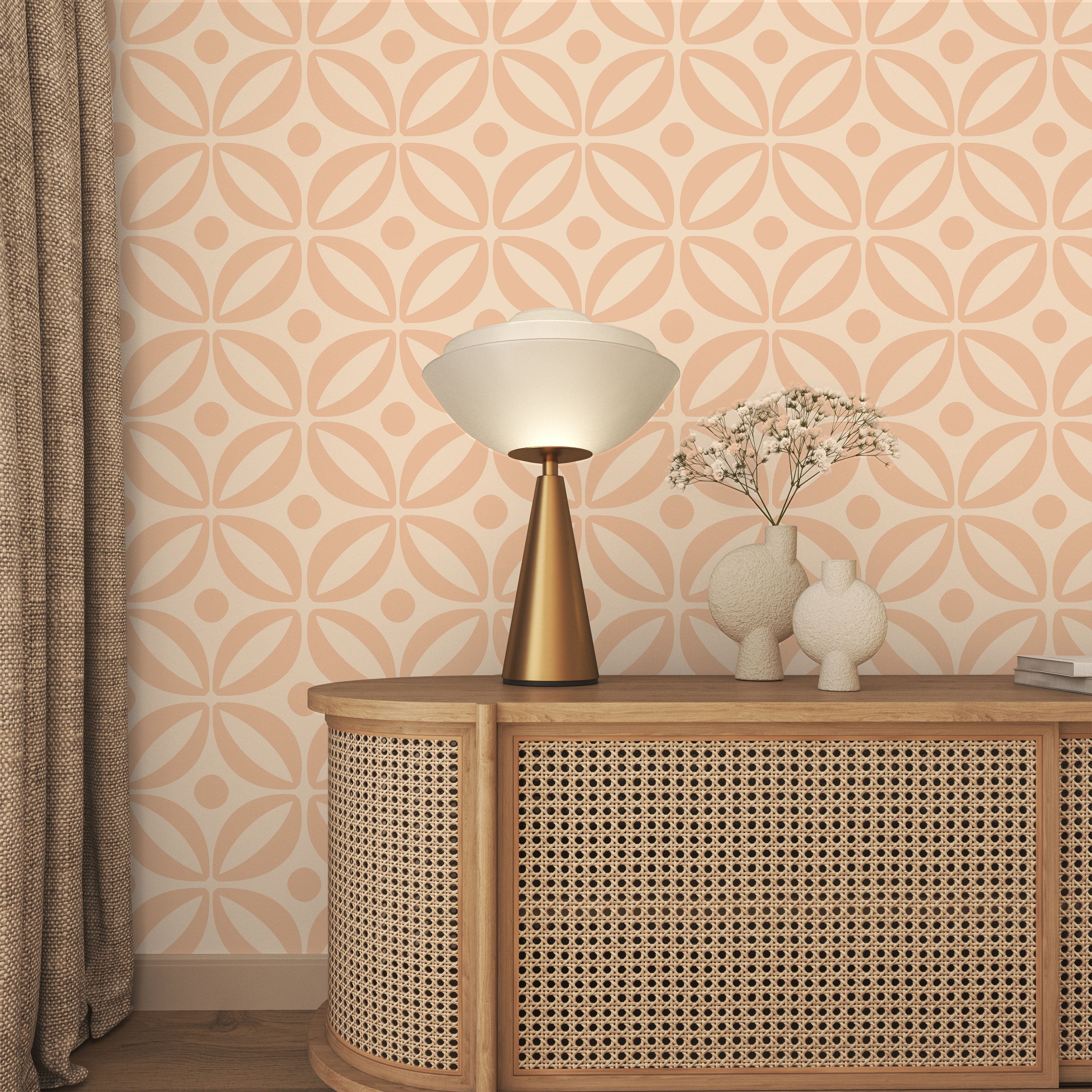 Grid Bloom Peel and Stick Wallpaper, Removable Wallpaper, Traditional Wallpaper - Apricot | DeccoPrint