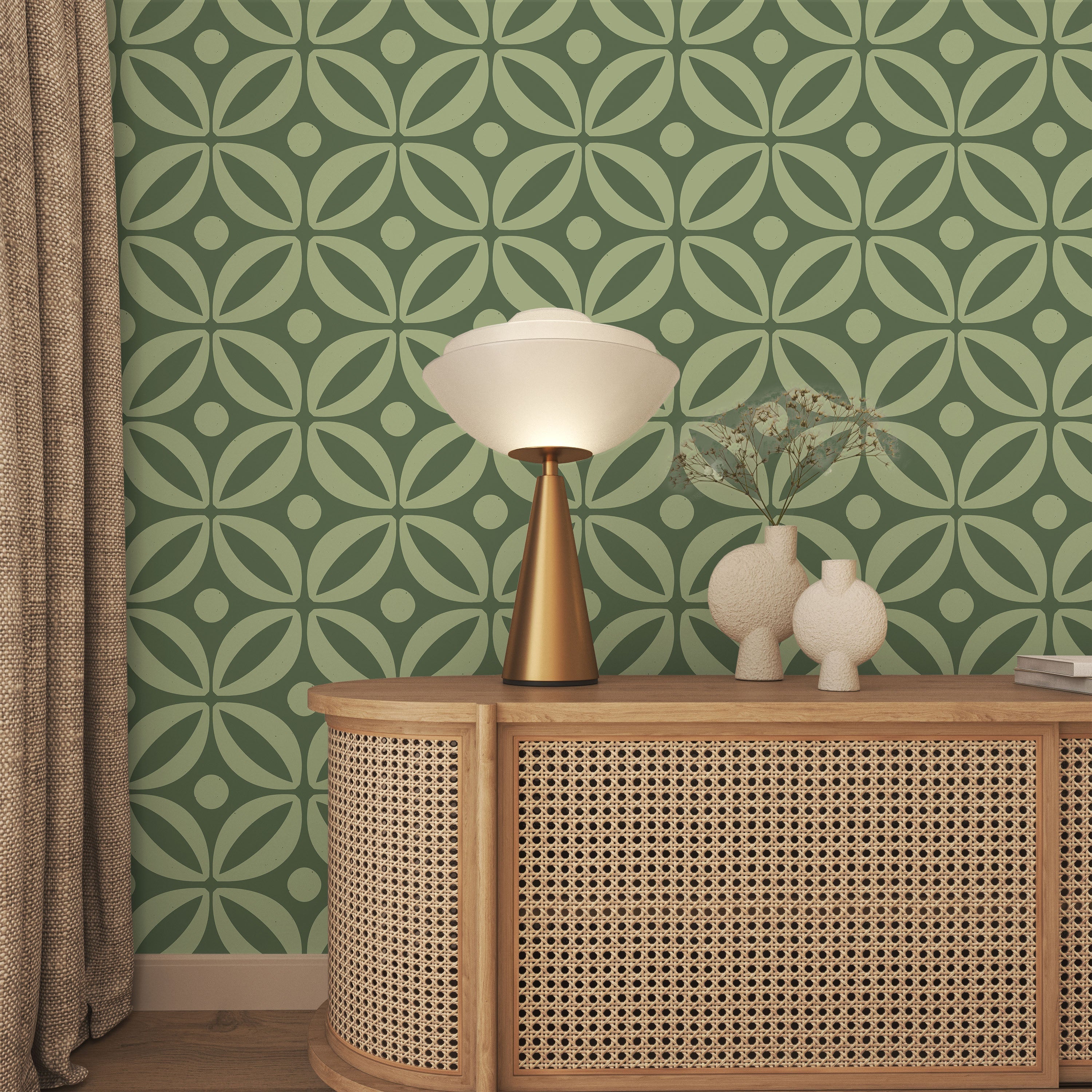 Grid Bloom Peel and Stick Wallpaper, Removable Wallpaper, Traditional Wallpaper - Green | DeccoPrint