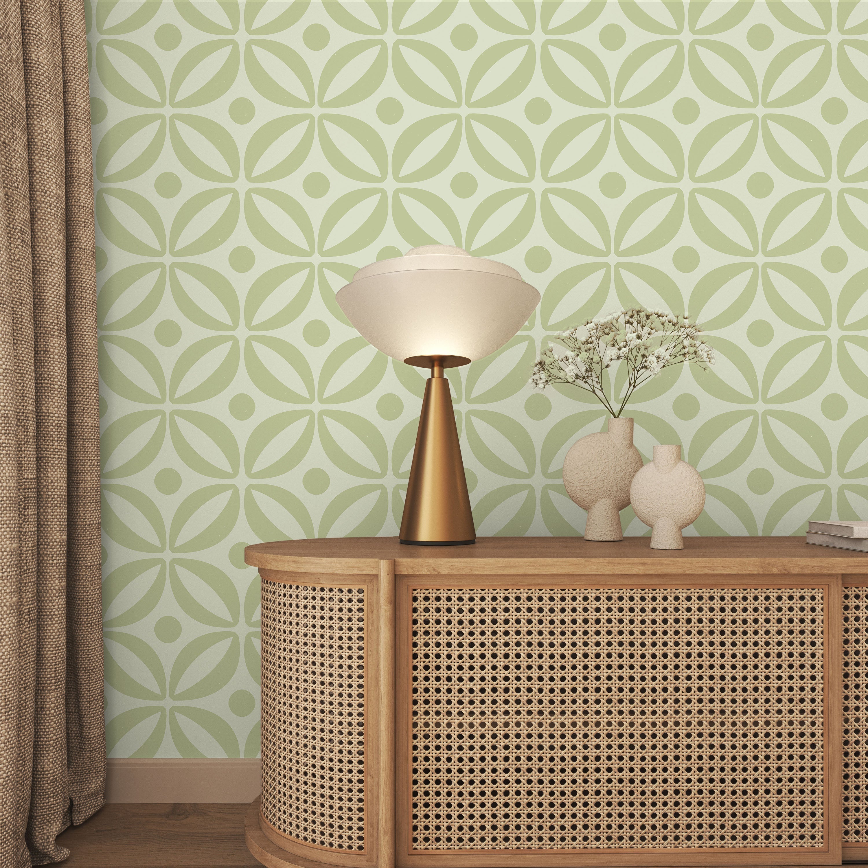 Grid Bloom Peel and Stick Wallpaper, Removable Wallpaper, Traditional Wallpaper - Sage | DeccoPrint