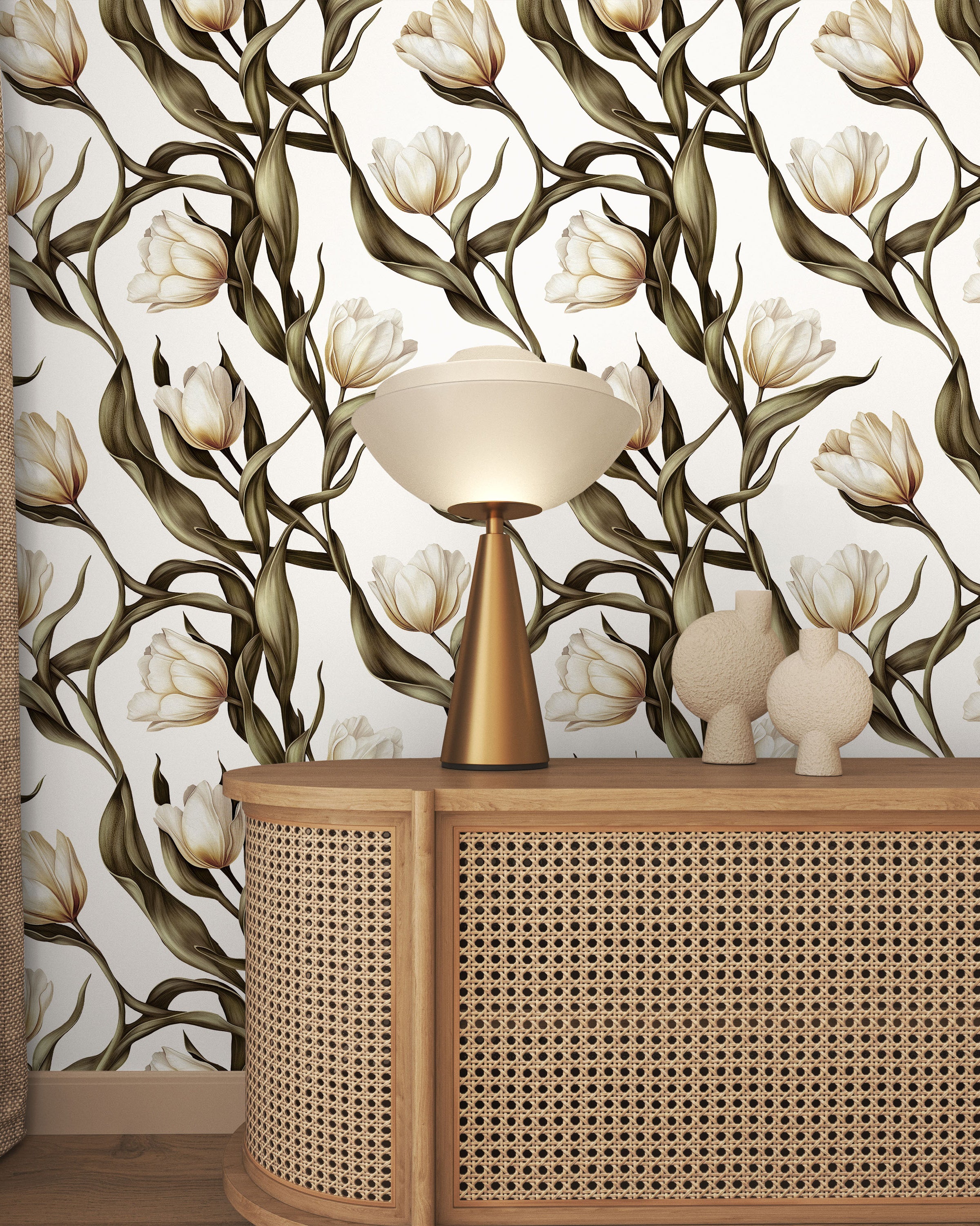Spring Tulips Peel and Stick Wallpaper, Removable Wallpaper, Traditional Wallpaper - Ivory White | DeccoPrint