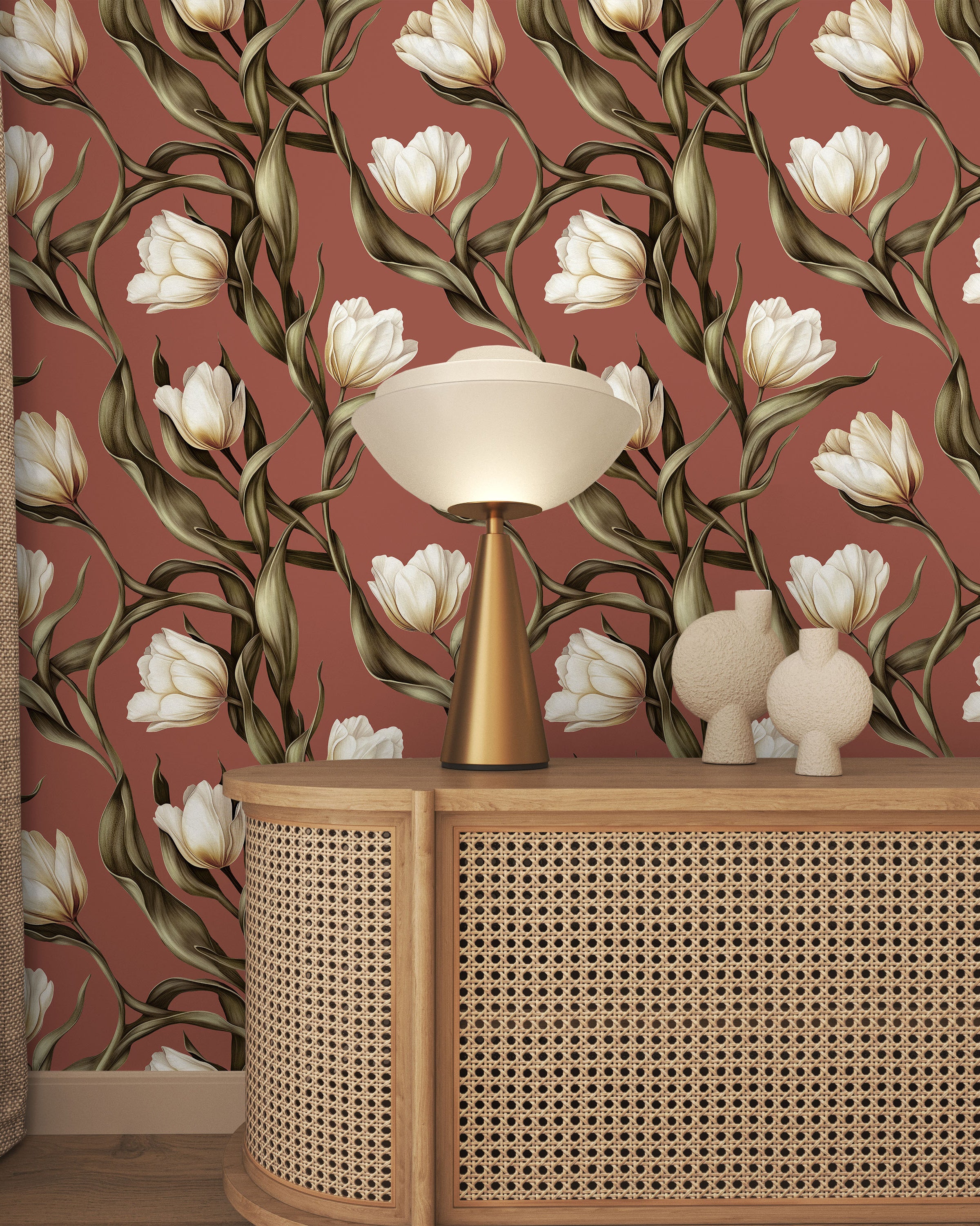 Spring Tulips Peel and Stick Wallpaper, Removable Wallpaper, Traditional Wallpaper - Rustic Browm | DeccoPrint