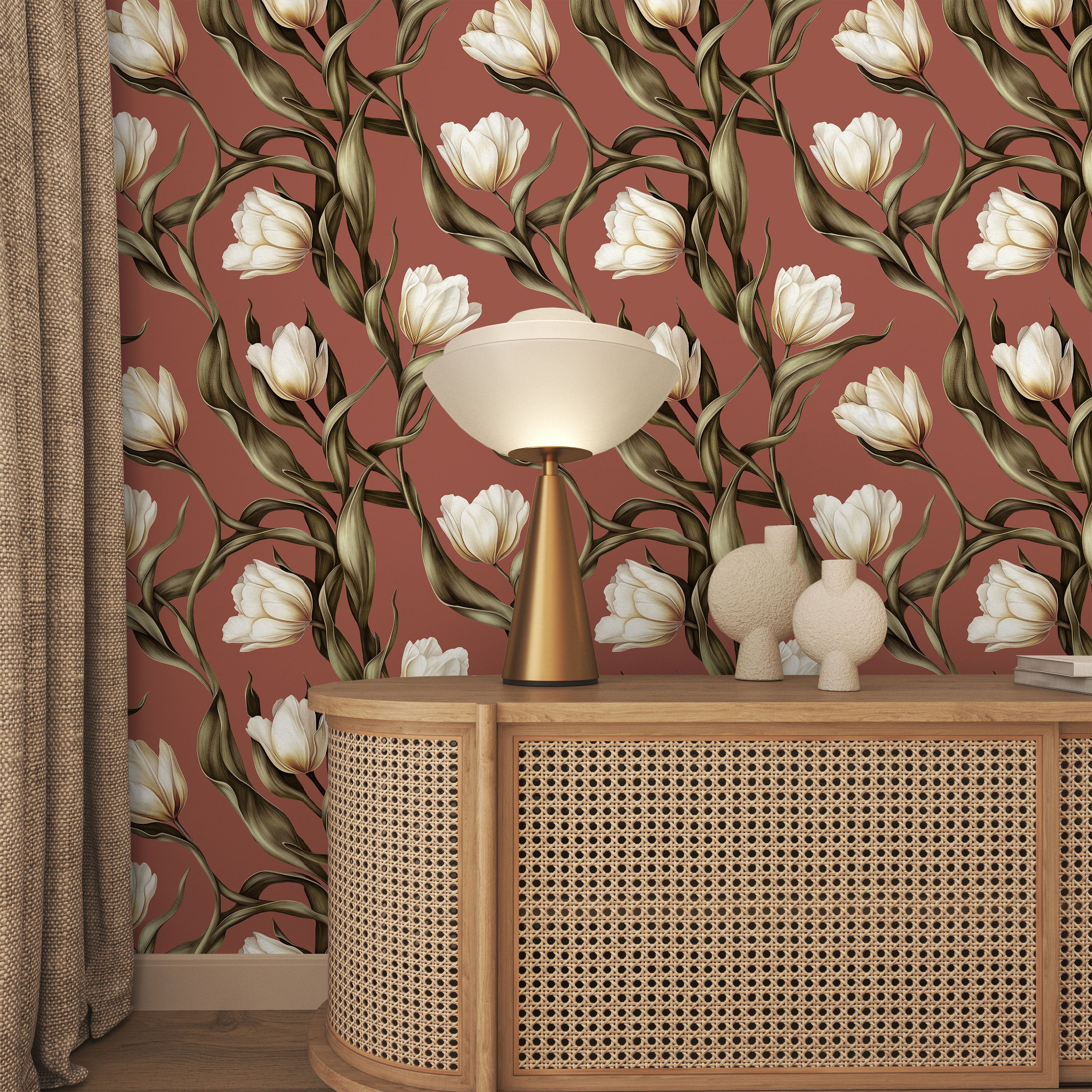 Spring Tulips Peel and Stick Wallpaper, Removable Wallpaper, Traditional Wallpaper - Rustic Browm | DeccoPrint