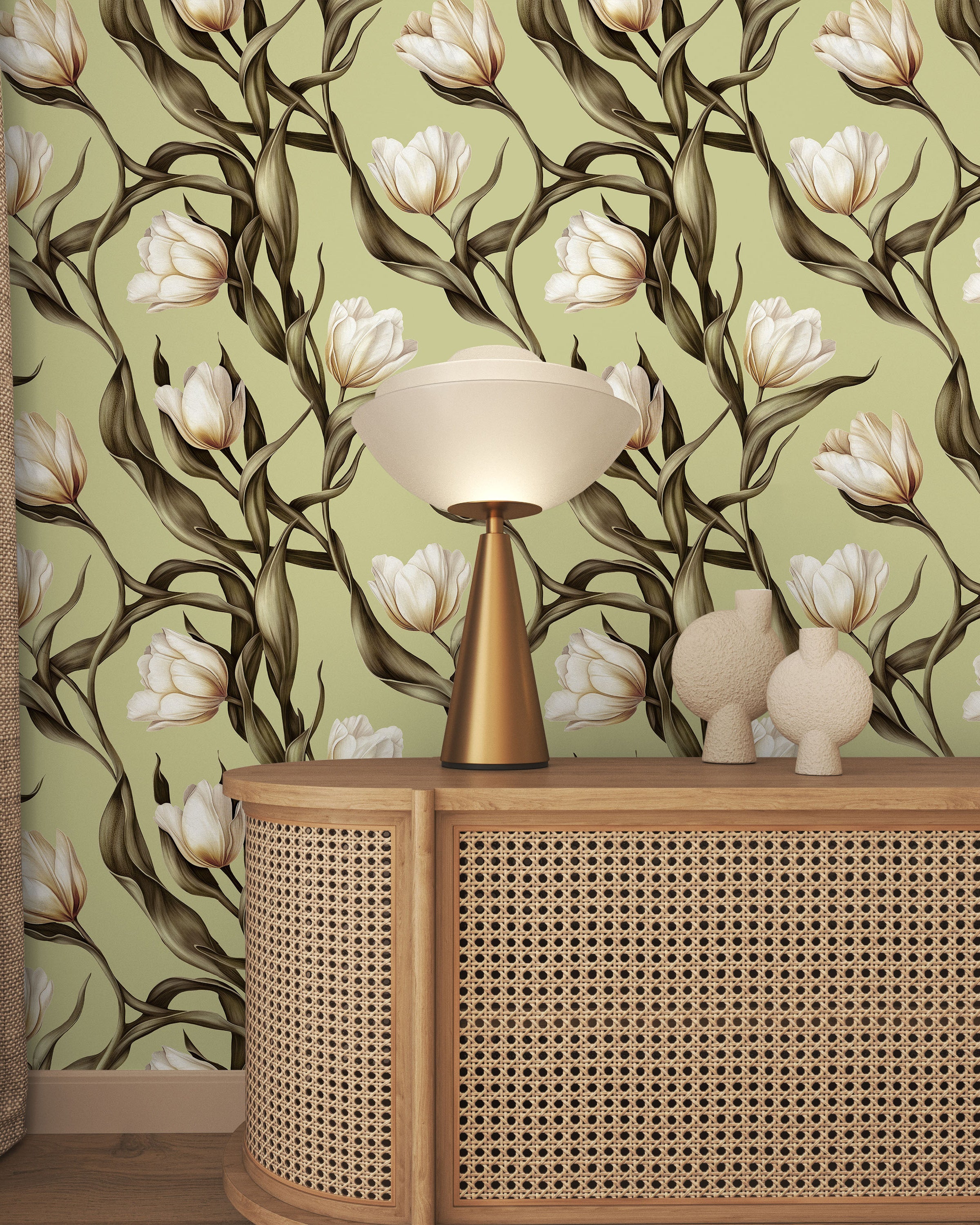 Spring Tulips Peel and Stick Wallpaper, Removable Wallpaper, Traditional Wallpaper - Sage Green | DeccoPrint