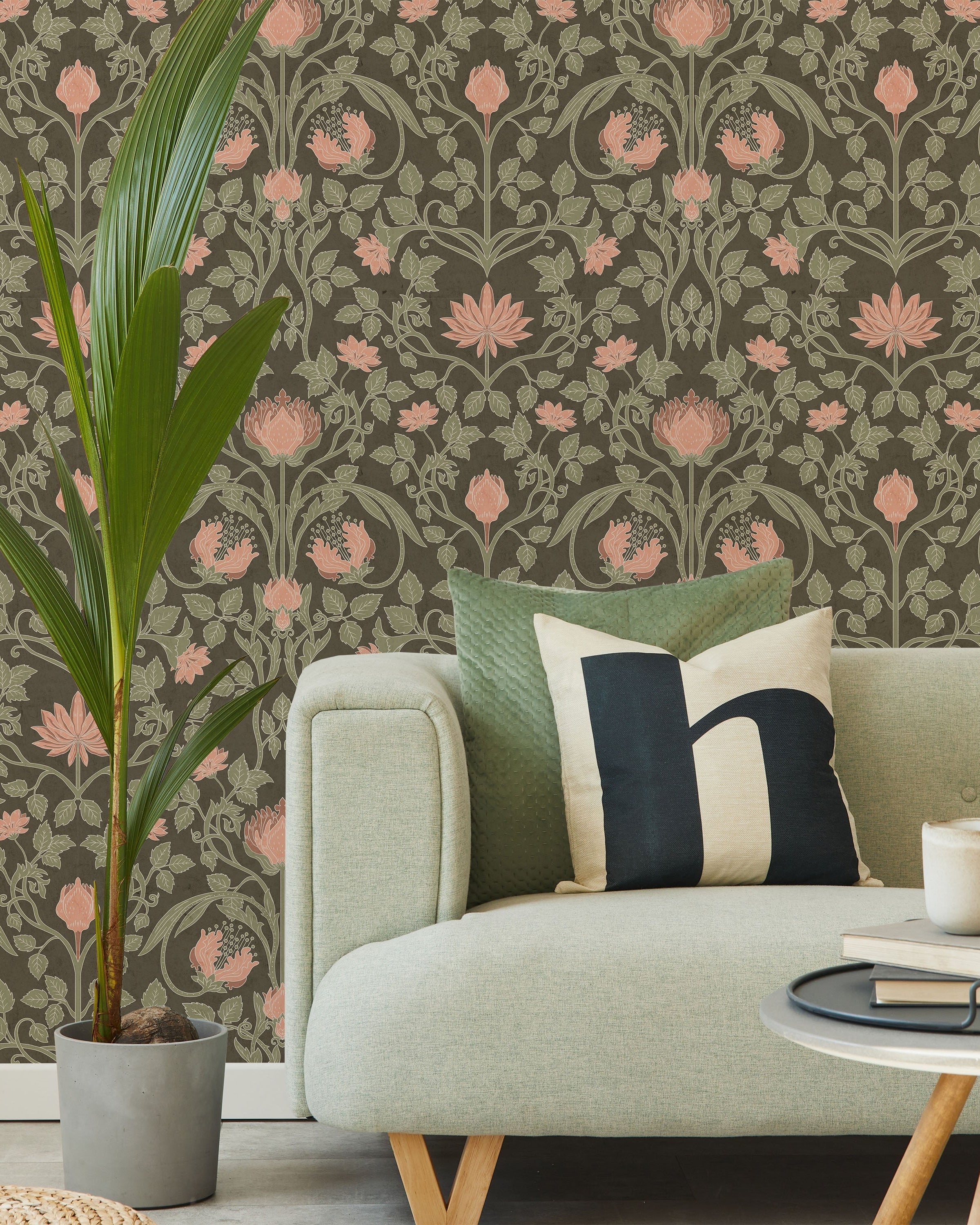Art Nouveau Peel and Stick Wallpaper, Removable Wallpaper, Traditional Wallpaper - Dark Sage | DeccoPrint