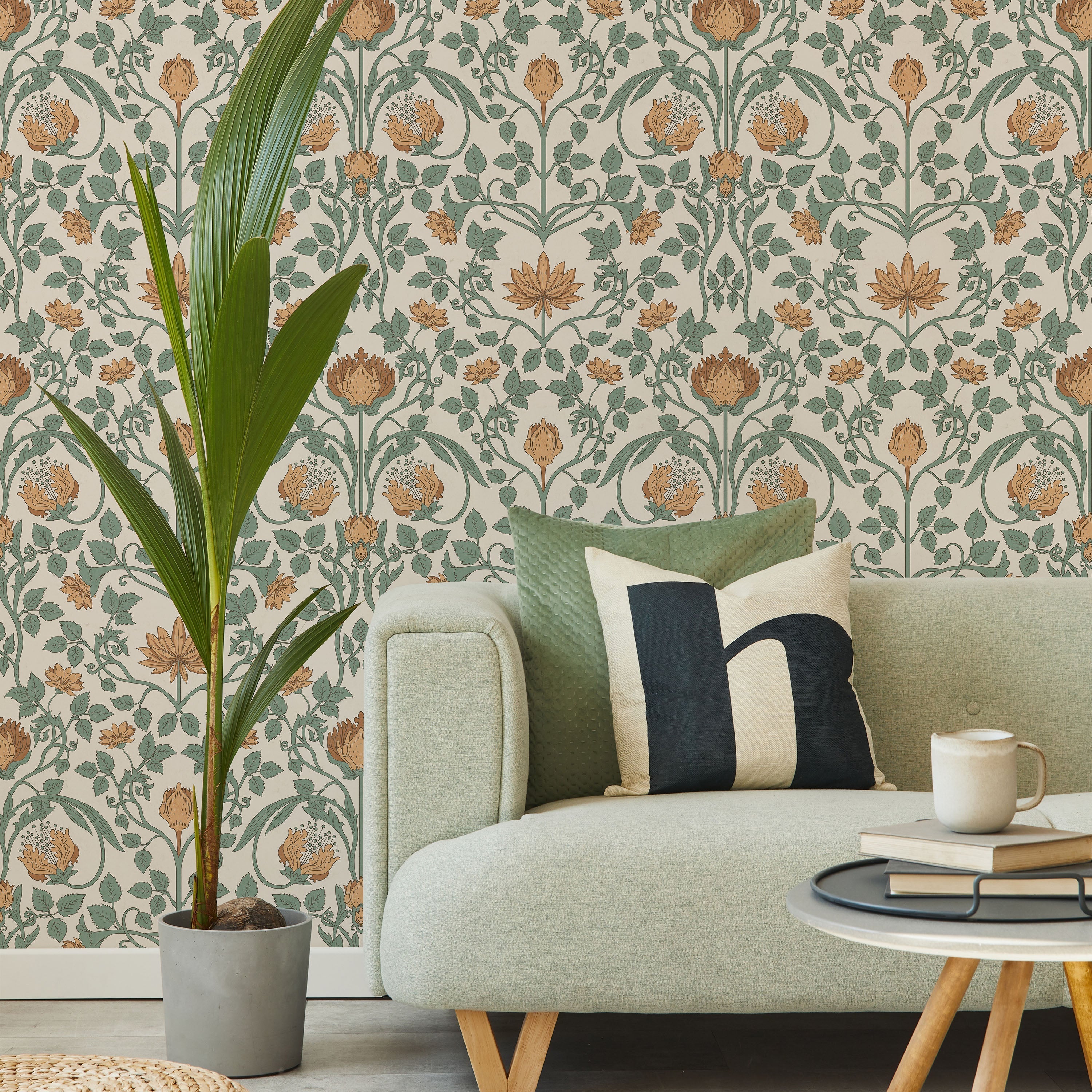 Art Nouveau Peel and Stick Wallpaper, Removable Wallpaper, Traditional Wallpaper - Amber Beige | DeccoPrint