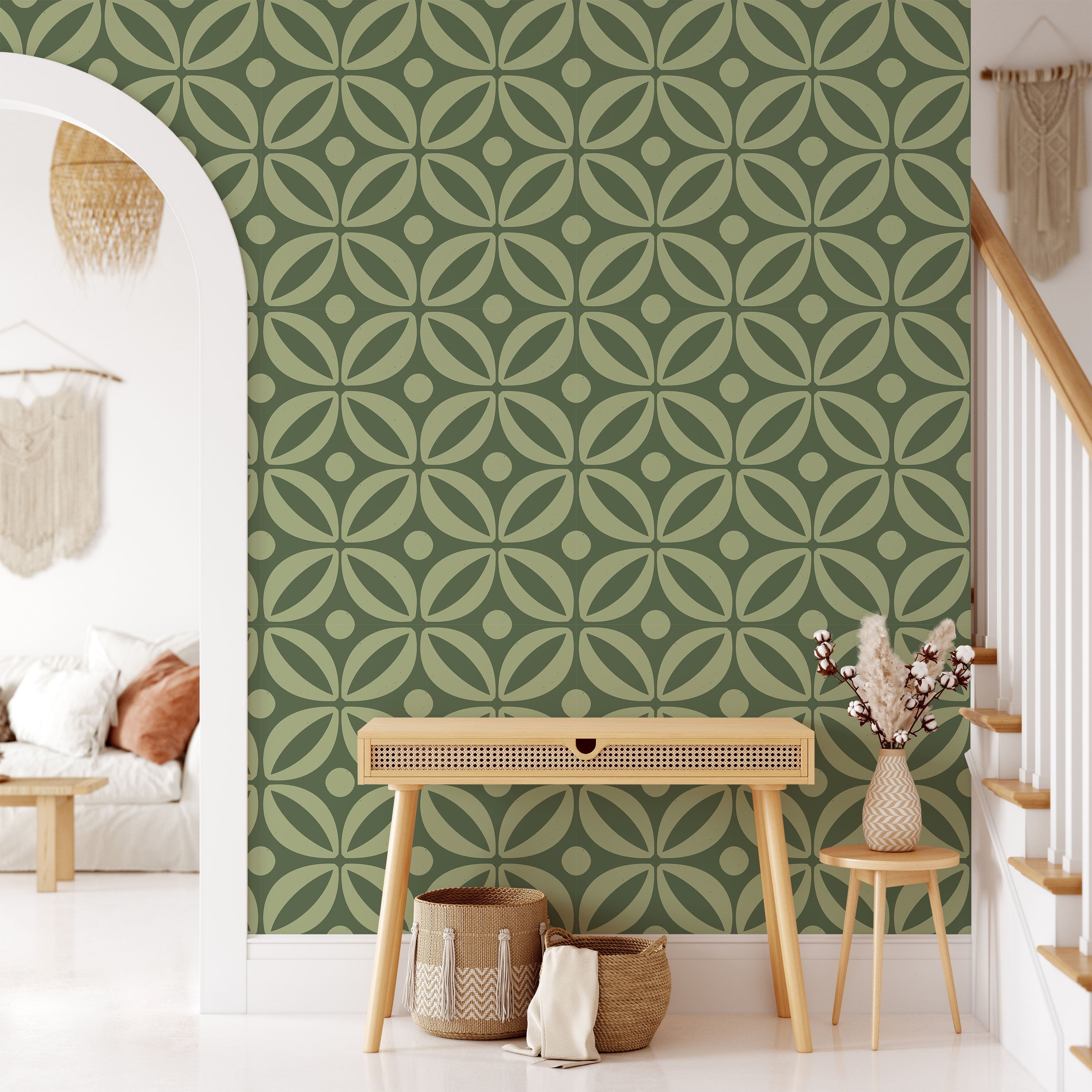 Grid Bloom Peel and Stick Wallpaper, Removable Wallpaper, Traditional Wallpaper - Green | DeccoPrint