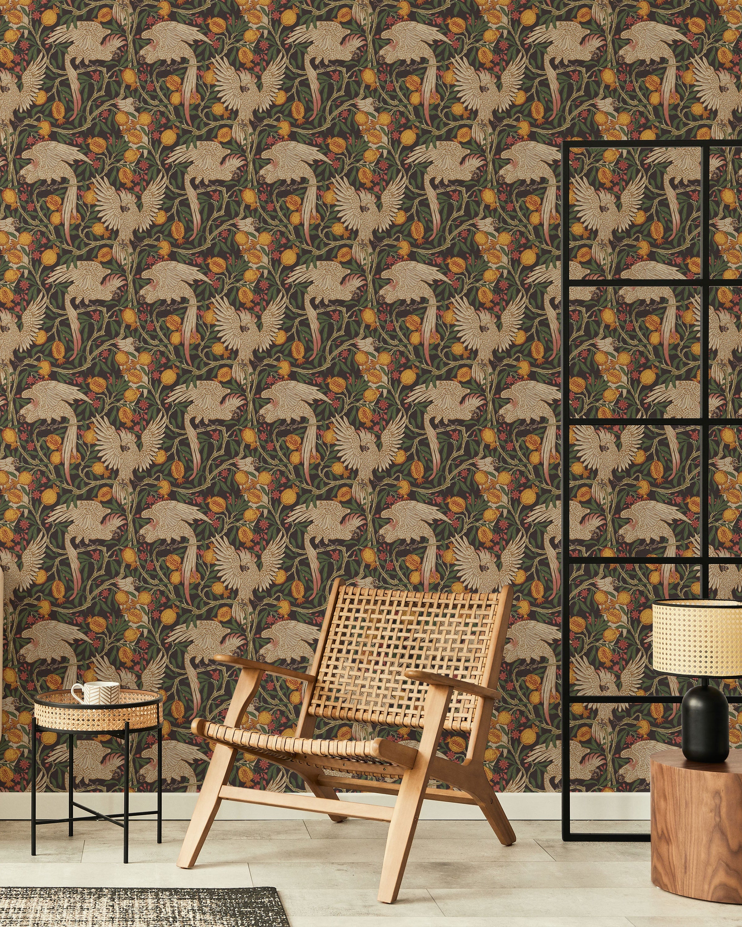 Walter Crane x Cockatoo and Pomegranate Peel and Stick Wallpaper, Removable Wallpaper, Traditional Wallpaper - Vintage Black | DeccoPrint