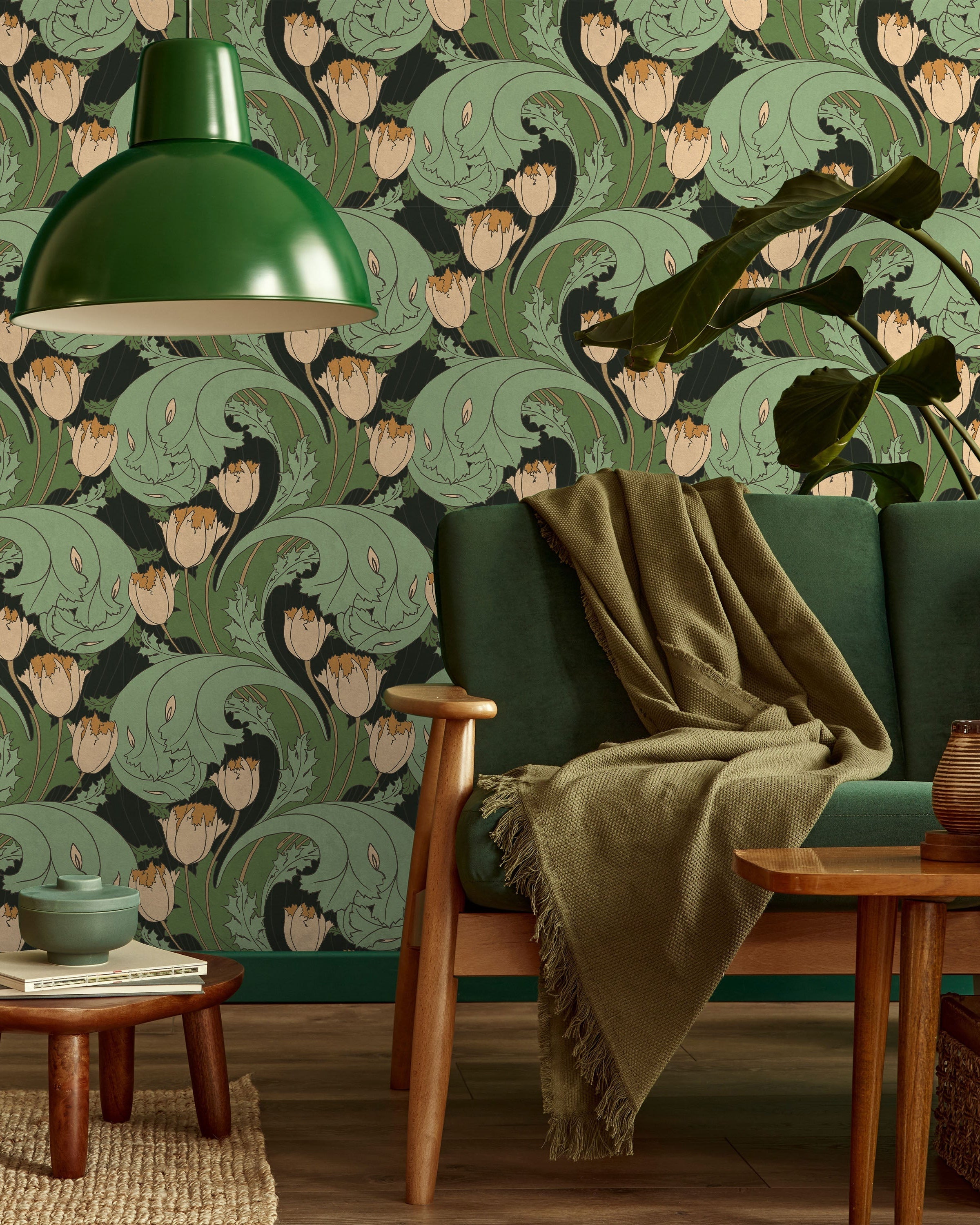 C.F.A. Voysey x Tulips Peel and Stick Wallpaper, Removable Wallpaper, Traditional Wallpaper - Forest Green | DeccoPrint