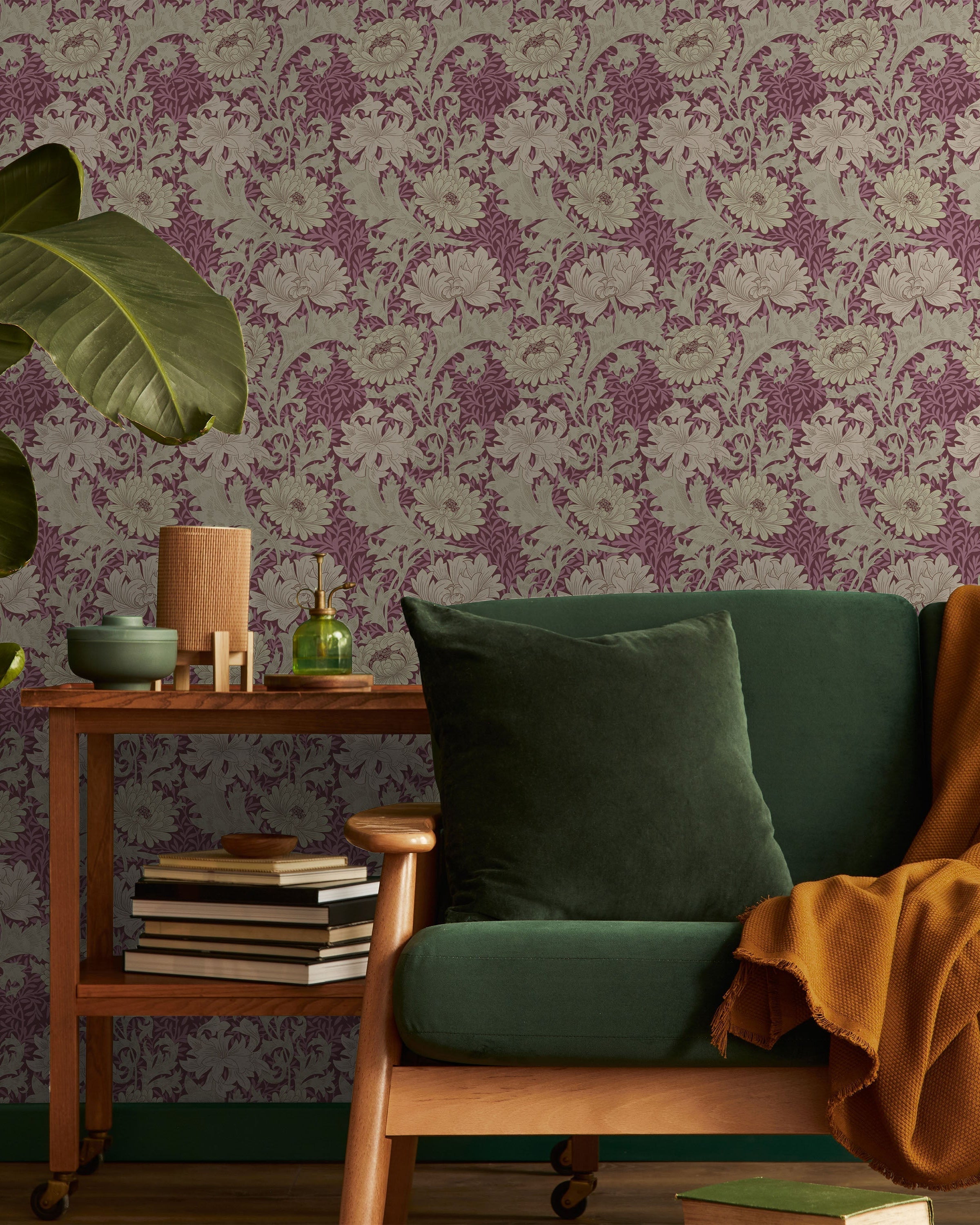 William Morris X Chrysanthemum Peel and Stick Wallpaper, Removable Wallpaper, Traditional Wallpaper - Wine | DeccoPrint