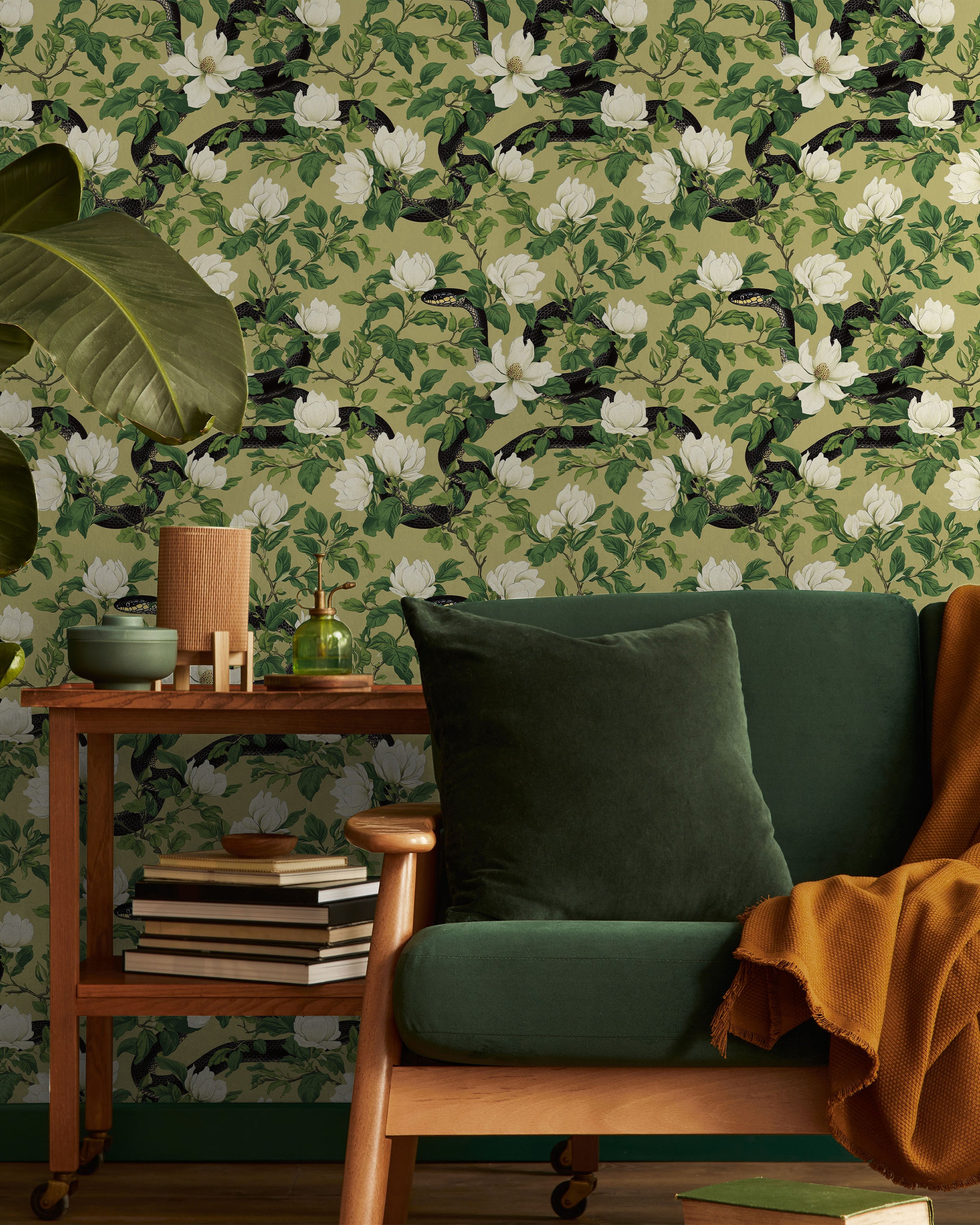 Snakes in Foliage Peel and Stick Wallpaper, Removable Wallpaper, Traditional Wallpaper - Olive Green | DeccoPrint