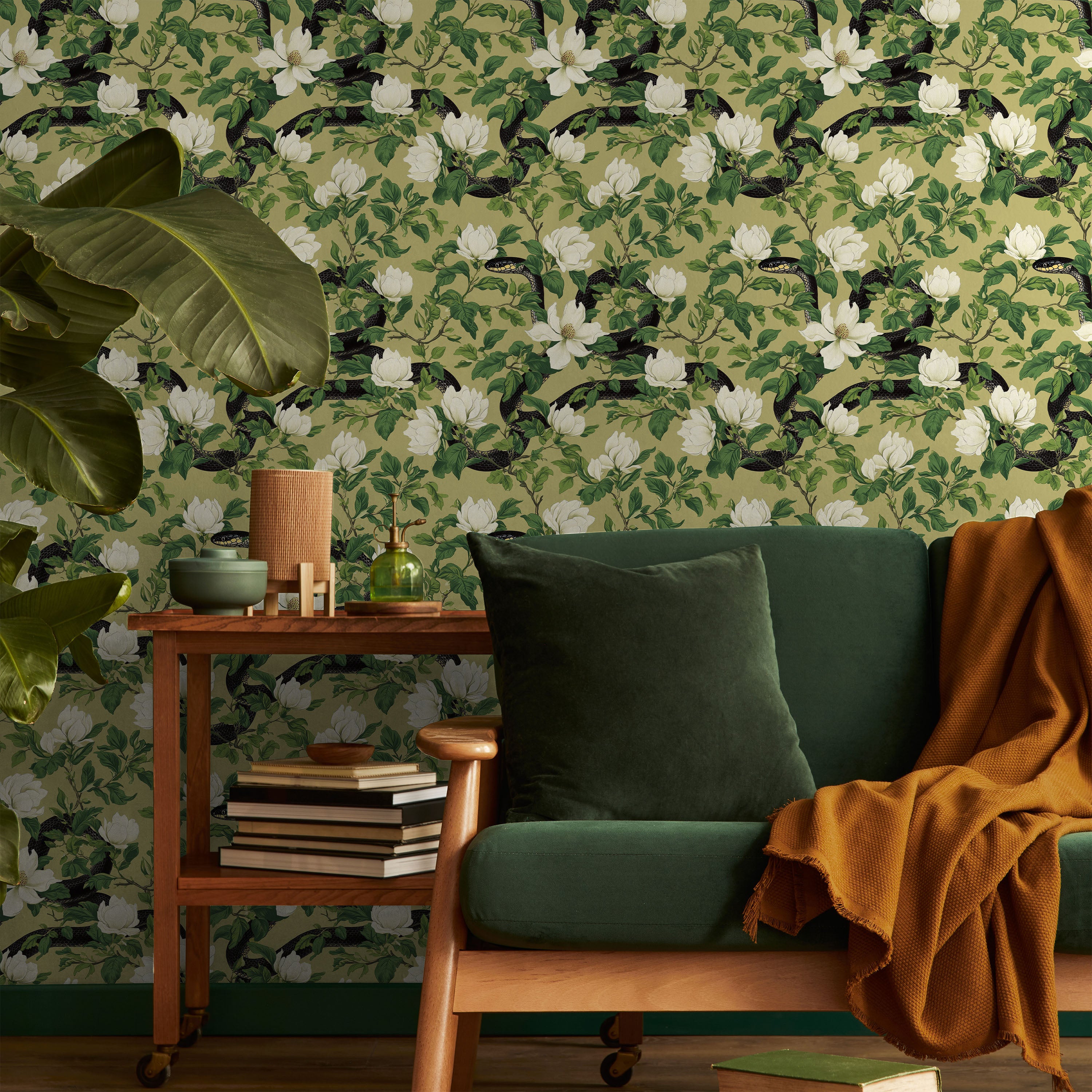 Snakes in Foliage Peel and Stick Wallpaper, Removable Wallpaper, Traditional Wallpaper - Olive Green | DeccoPrint
