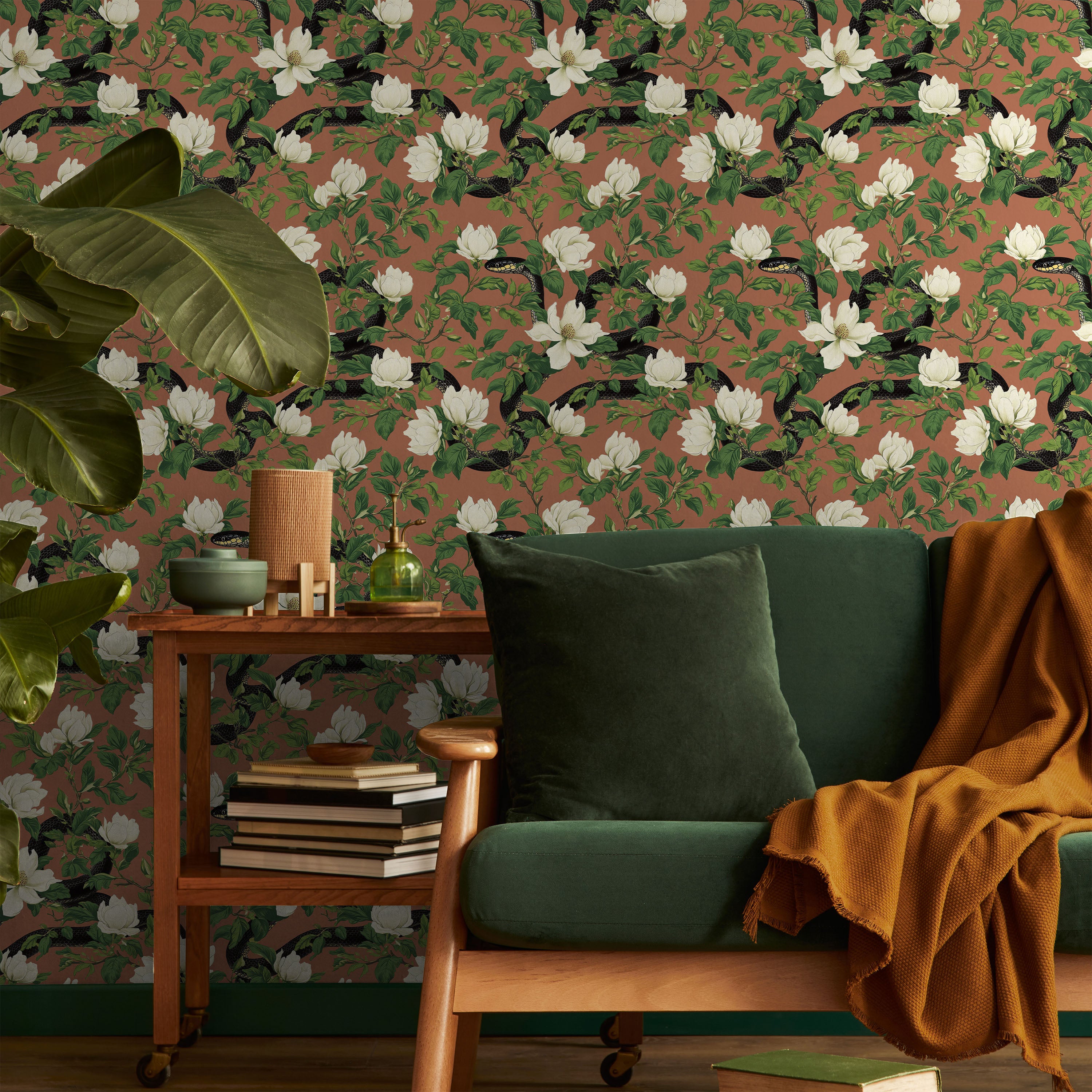 Snakes in Foliage Peel and Stick Wallpaper, Removable Wallpaper, Traditional Wallpaper - Vintage Brown | DeccoPrint