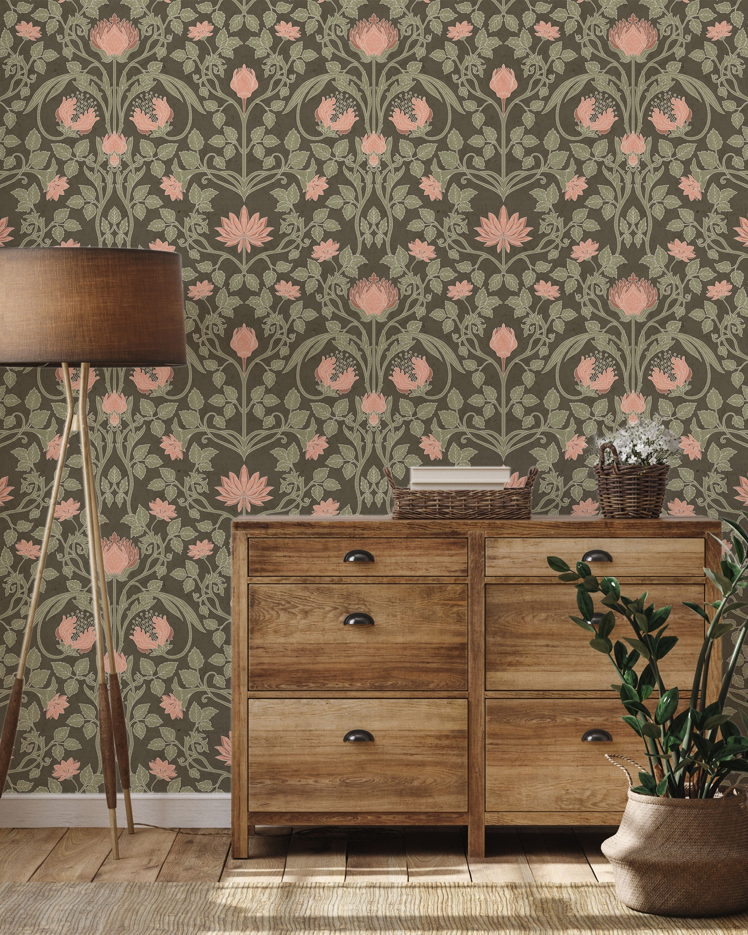 Art Nouveau Peel and Stick Wallpaper, Removable Wallpaper, Traditional Wallpaper - Dark Sage | DeccoPrint