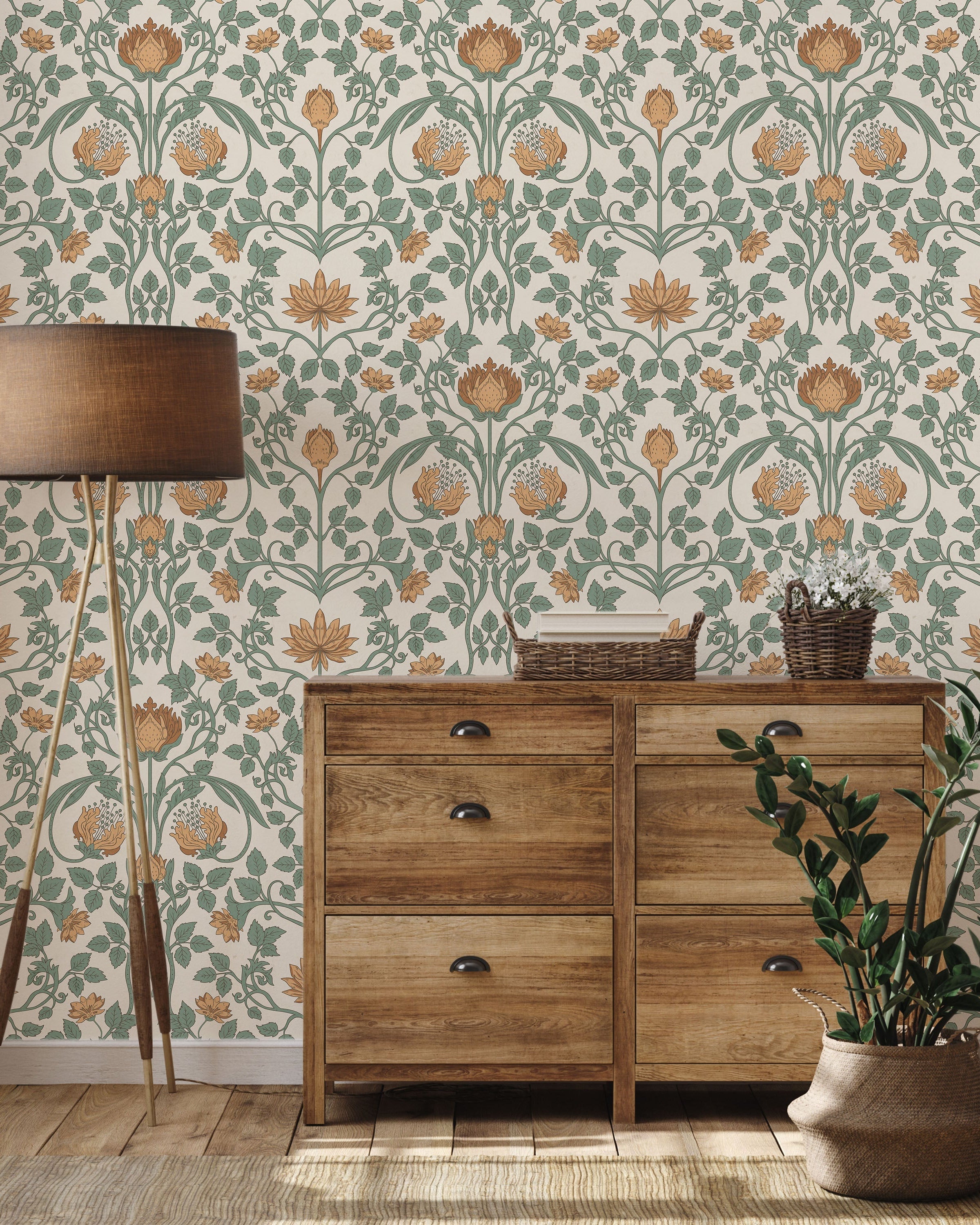 Art Nouveau Peel and Stick Wallpaper, Removable Wallpaper, Traditional Wallpaper - Amber Beige | DeccoPrint