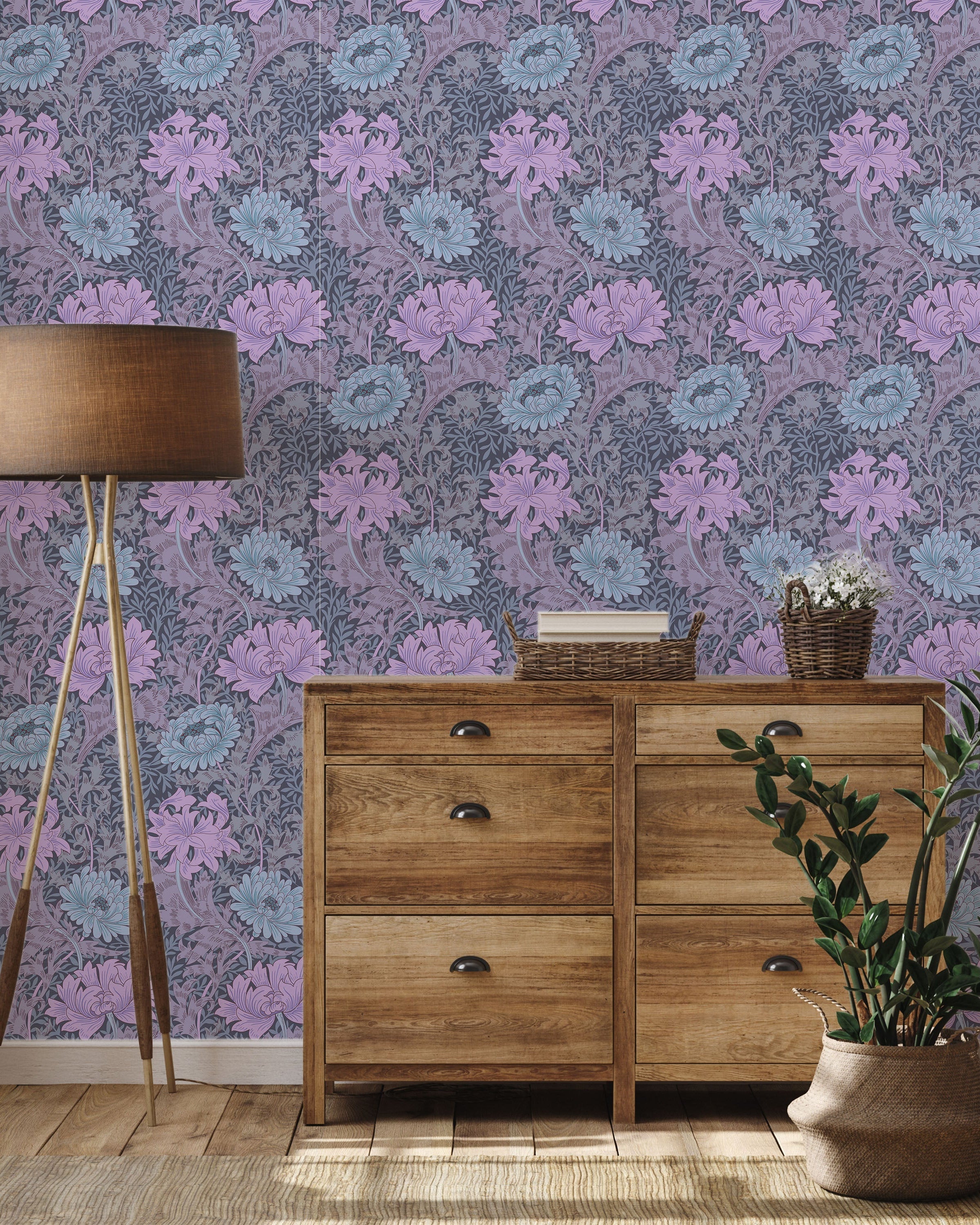William Morris X Chrysanthemum Peel and Stick Wallpaper, Removable Wallpaper, Traditional Wallpaper - Lilac | DeccoPrint