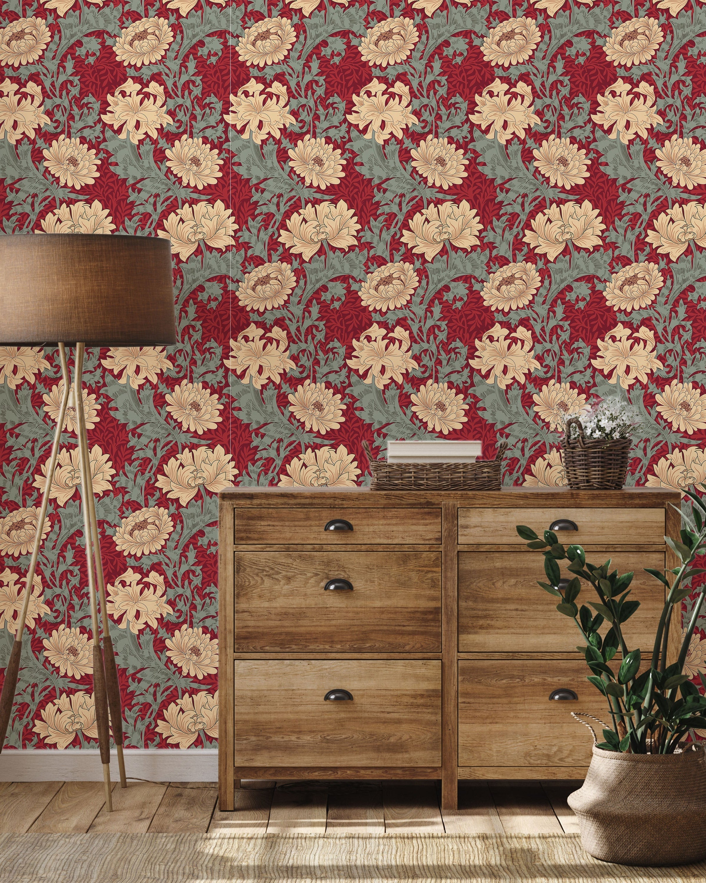 William Morris X Chrysanthemum Peel and Stick Wallpaper, Removable Wallpaper, Traditional Wallpaper - Red | DeccoPrint