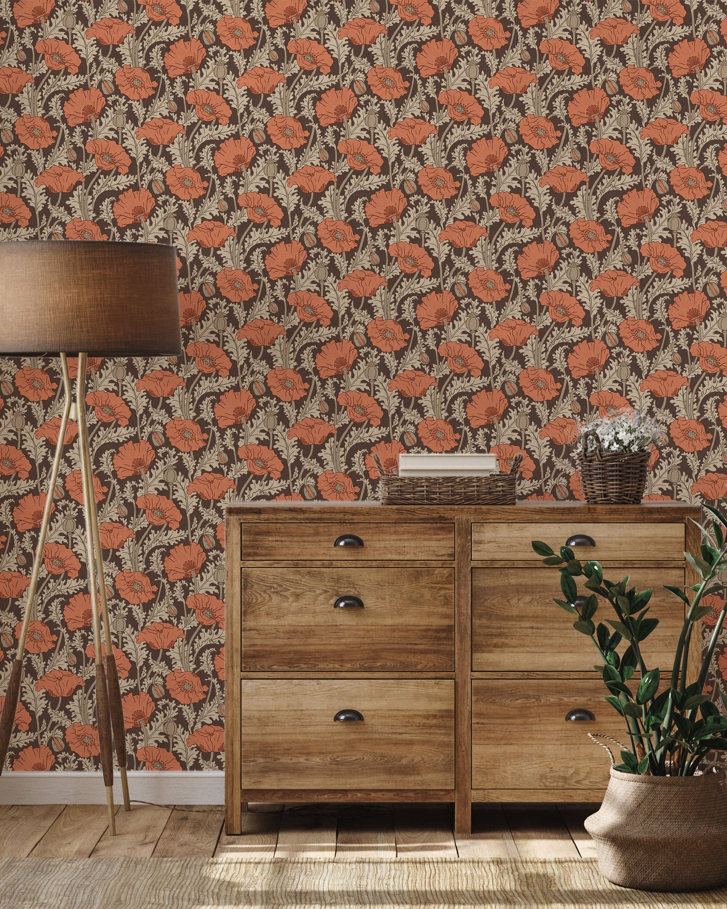 Maurice Pillard Verneuil x Poppy Peel and Stick Wallpaper, Removable Wallpaper, Traditional Wallpaper - Terracotta Orange | DeccoPrint