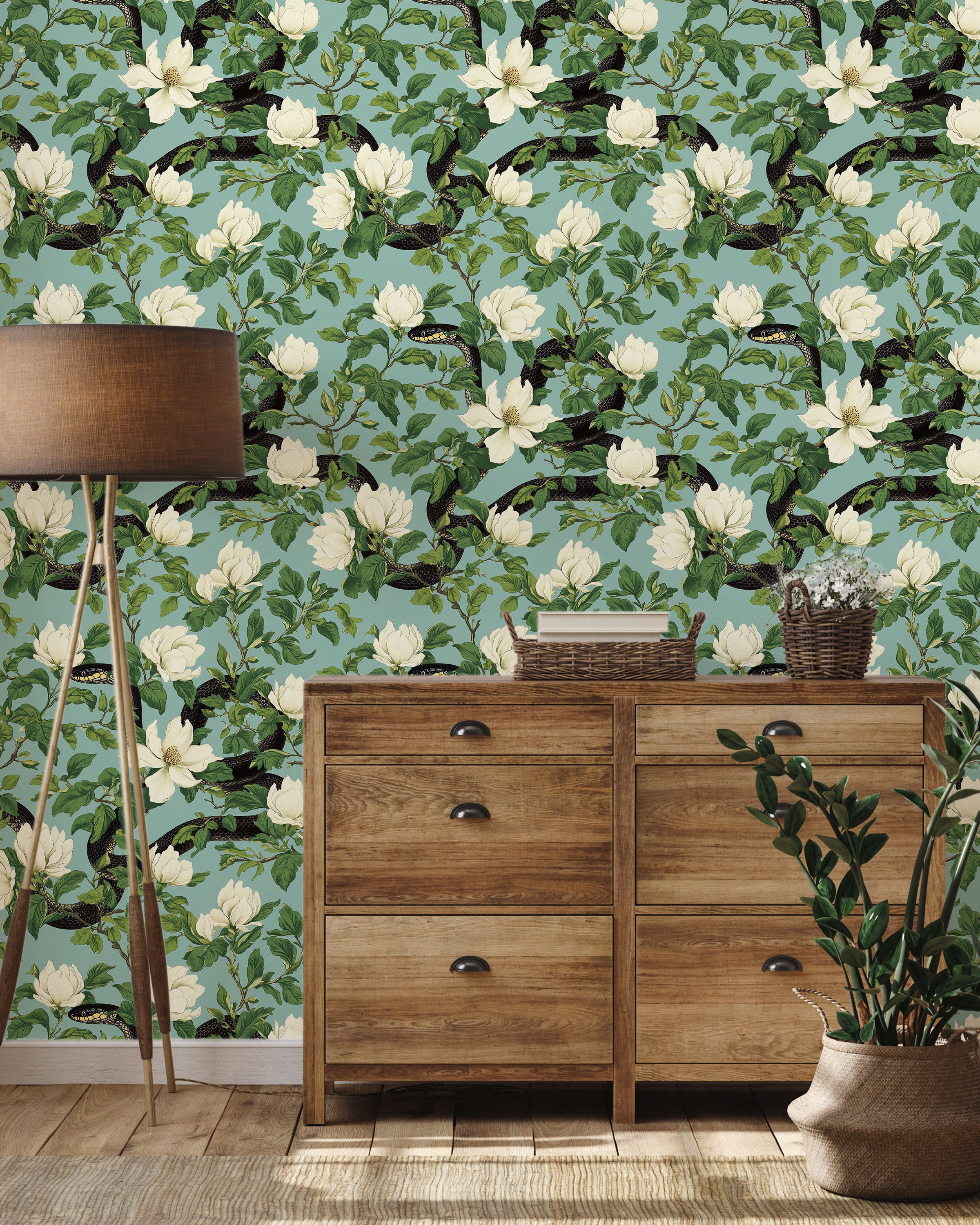 Snakes in Foliage Peel and Stick Wallpaper, Removable Wallpaper, Traditional Wallpaper - Light Teal | DeccoPrint