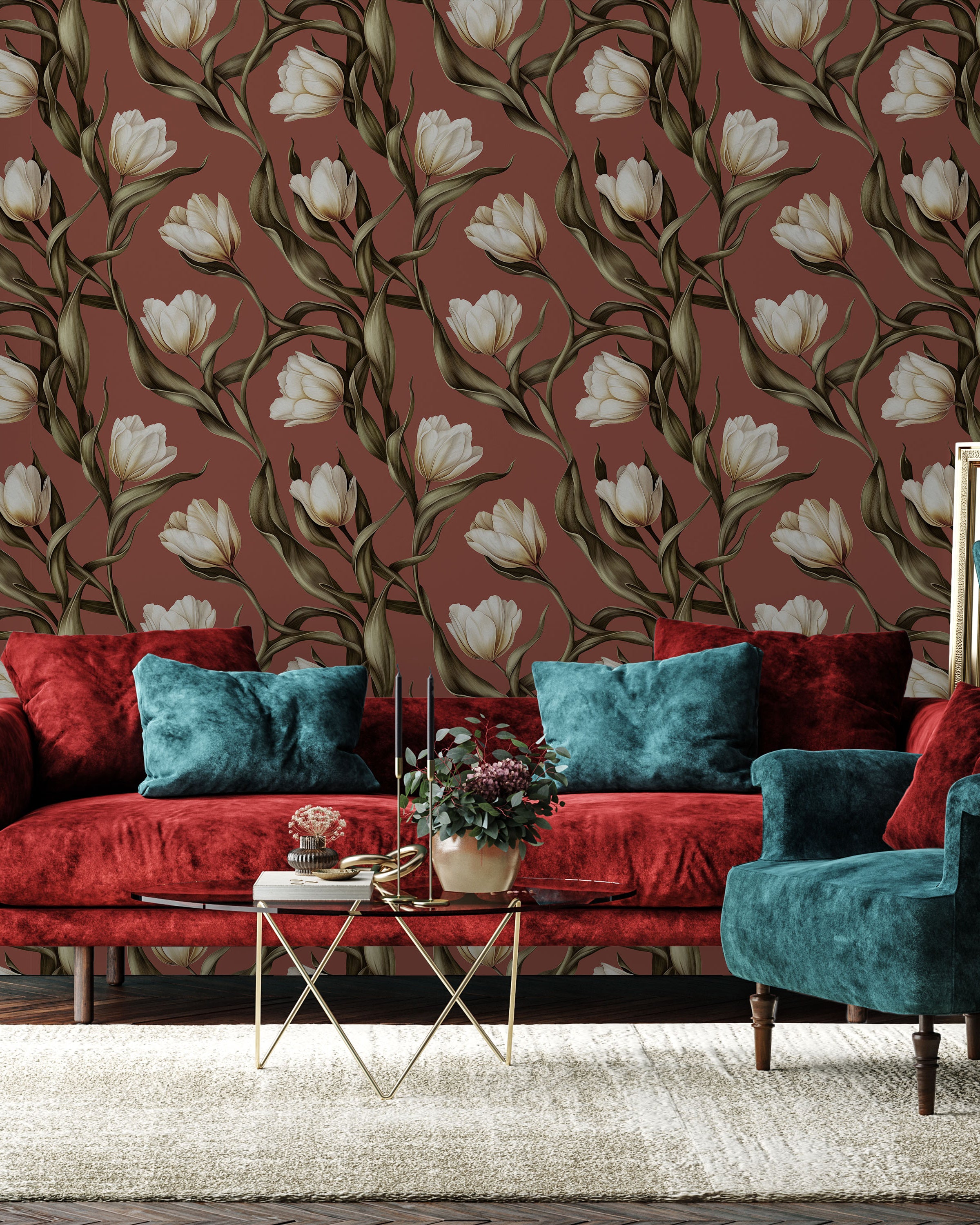 Spring Tulips Peel and Stick Wallpaper, Removable Wallpaper, Traditional Wallpaper - Rustic Browm | DeccoPrint