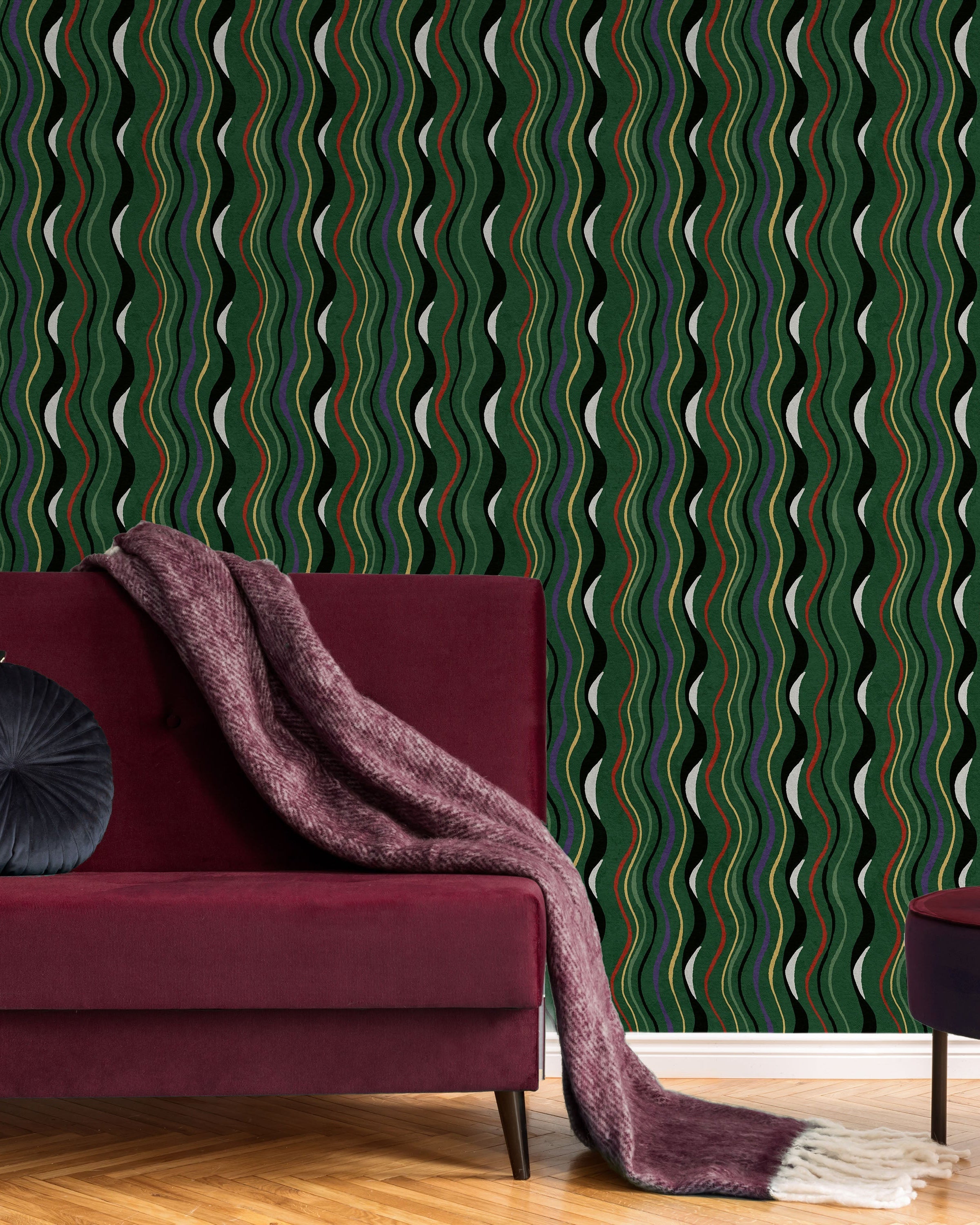 Furuya Korin x Korin Waves Peel and Stick Wallpaper, Removable Wallpaper, Traditional Wallpaper - Deep Green | DeccoPrint