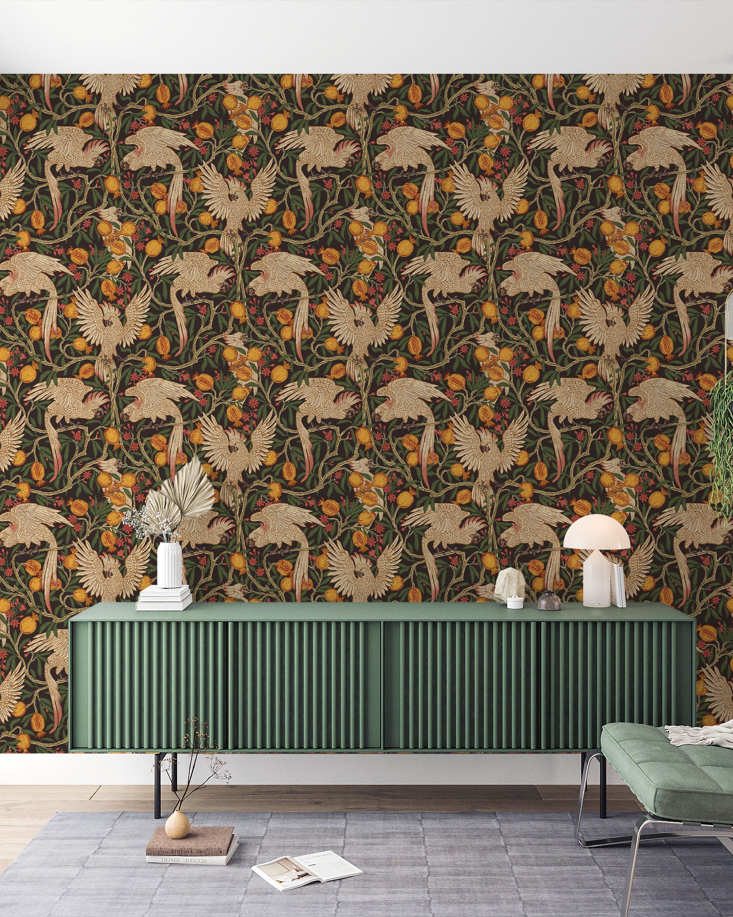 Walter Crane x Cockatoo and Pomegranate Peel and Stick Wallpaper, Removable Wallpaper, Traditional Wallpaper - Vintage Black | DeccoPrint