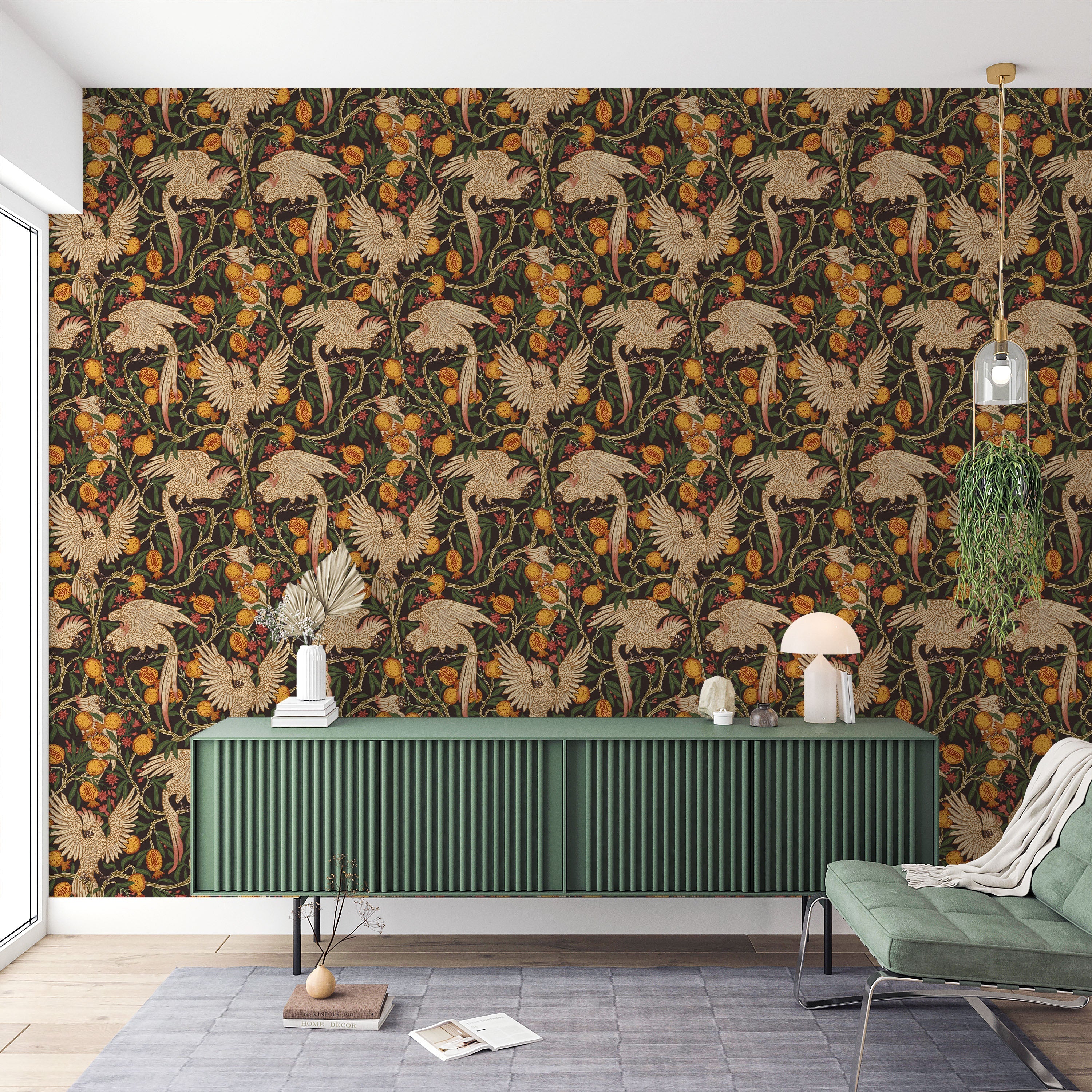 Walter Crane x Cockatoo and Pomegranate Peel and Stick Wallpaper, Removable Wallpaper, Traditional Wallpaper - Vintage Black | DeccoPrint